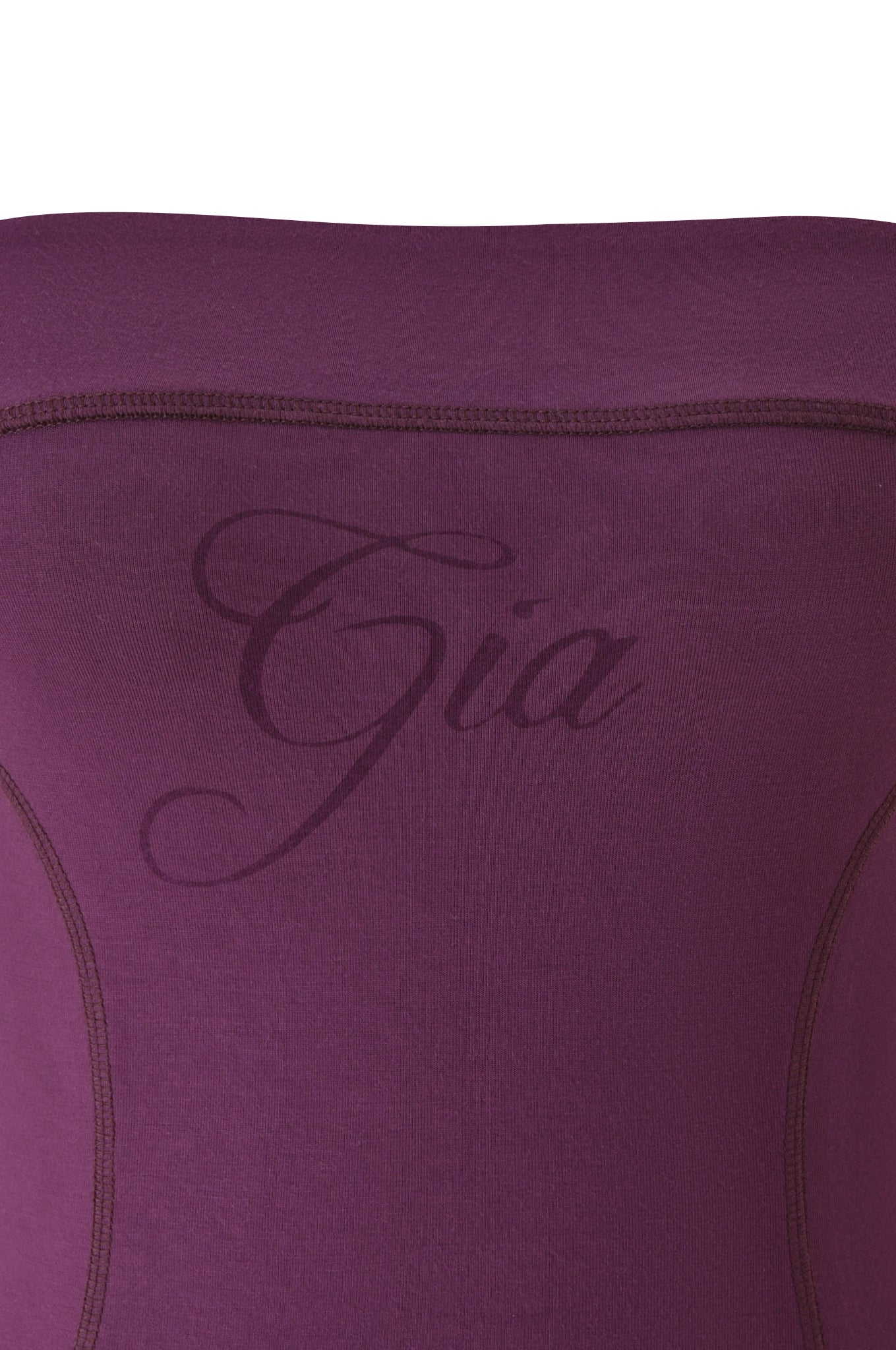 Close-up of the BLARE BOOB TUBE in Plum from I.AM.GIA, featuring the word “Gia” elegantly scripted across the center.