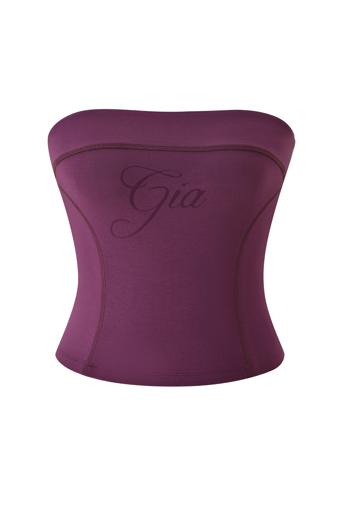 A strapless, fitted BLARE BOOB TUBE in plum with dark stitching and “Gia” scripted across the front is showcased against a white background—this I.AM.GIA piece is perfect for making a bold statement.