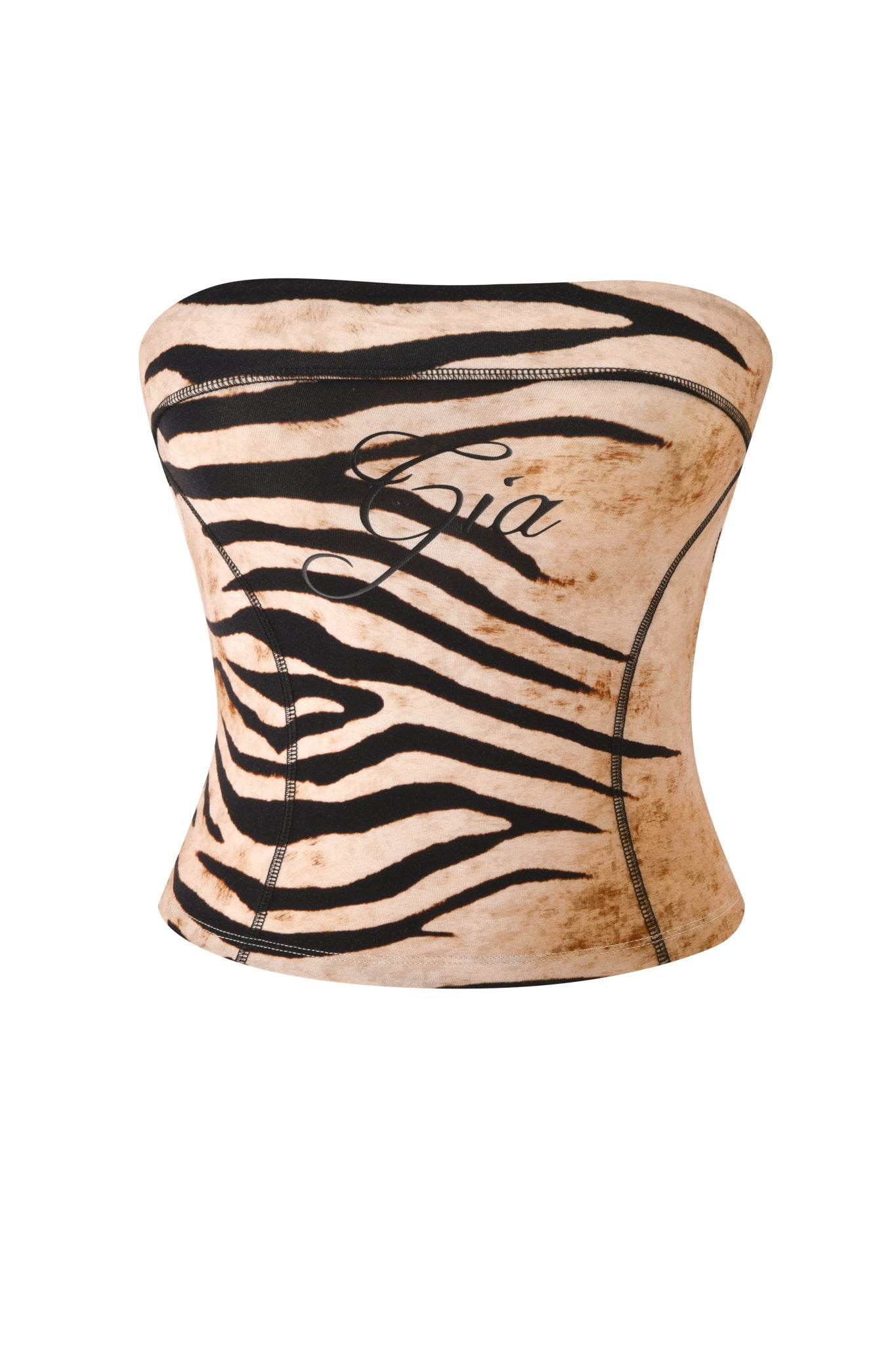 Experience the I.AM.GIA BLARE BOOB TUBE - WILD SIDE: a strapless corset top in a beige zebra print, featuring sporty princess seams and “Gia” scripted on the front—just like the signature I.AM.GIA Blare top.