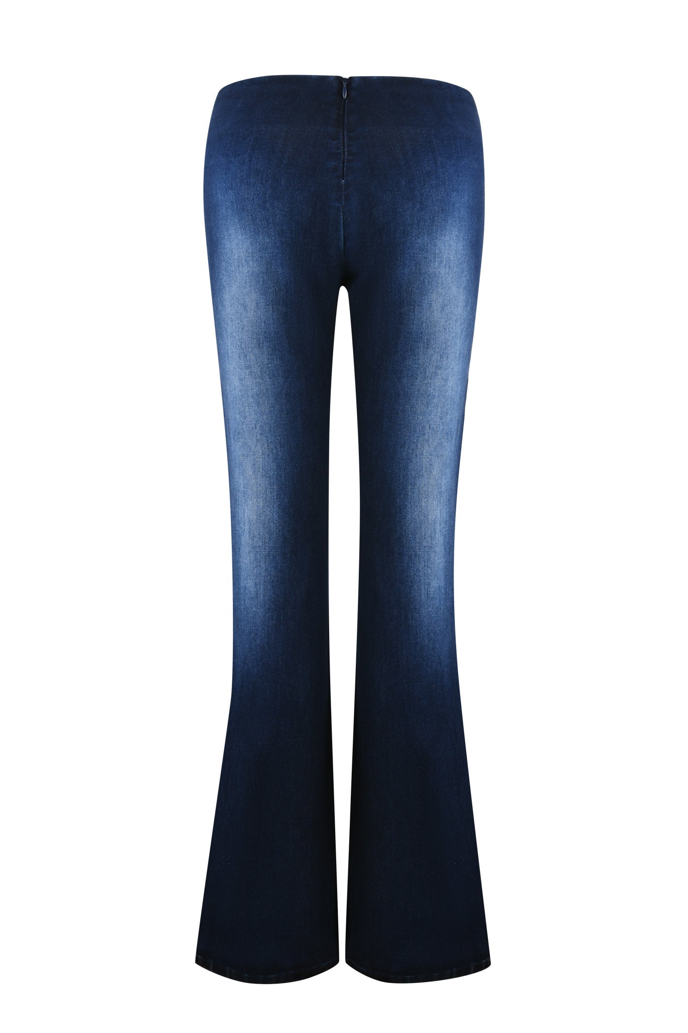 The I.AM.GIA SHARAH DENIM PANT in dark blue denim features a center fade and flared fit with a zipper at the low rise waist, viewed from the back.
