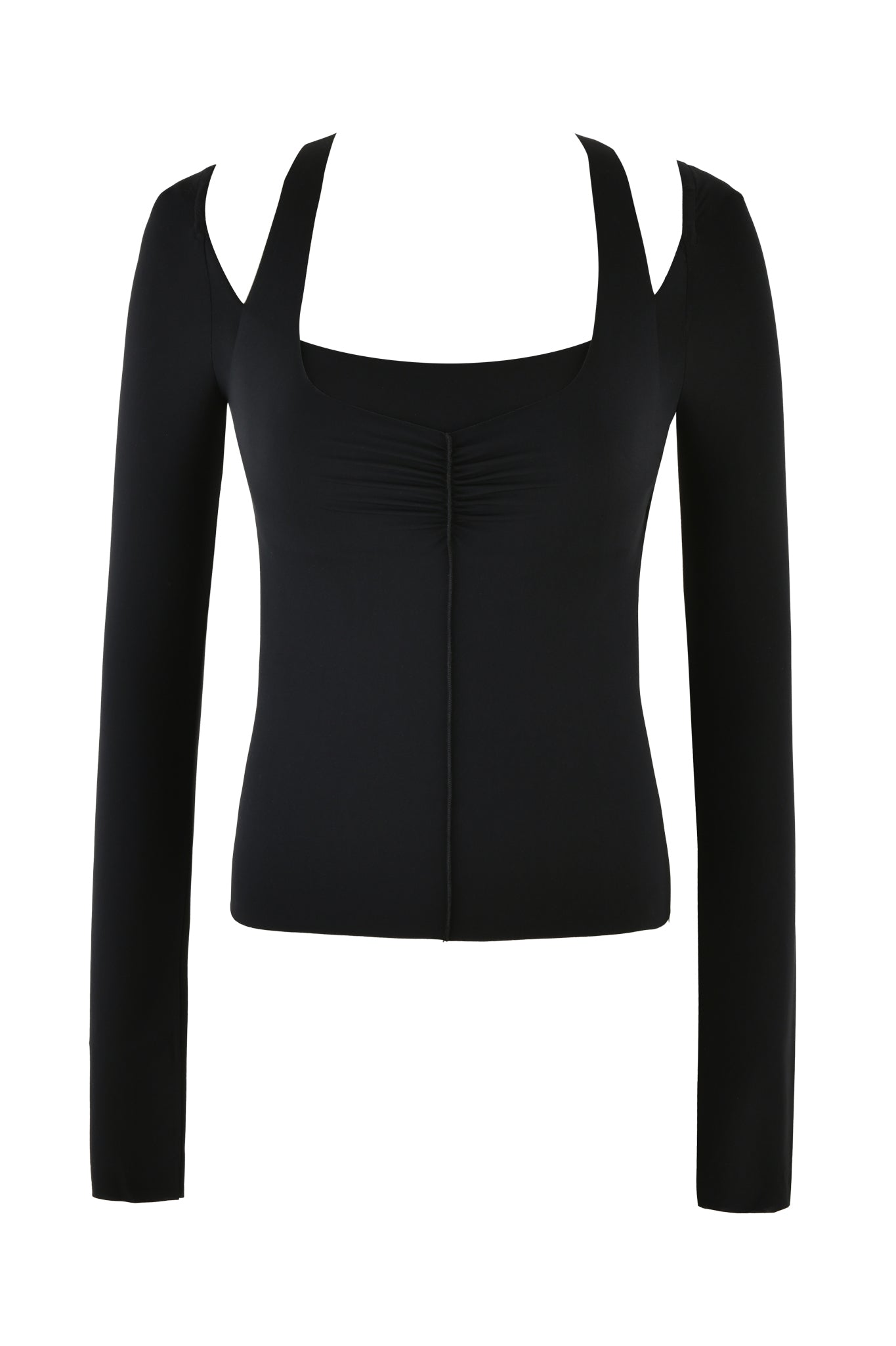 Introducing the NERINA LONG SLEEVE TOP - BLACK by I.AM.GIA: a sleek, black, bodycon piece with a square neckline and thick straps. It features subtle center ruching for an elegant look, all crafted without visible fastenings.
