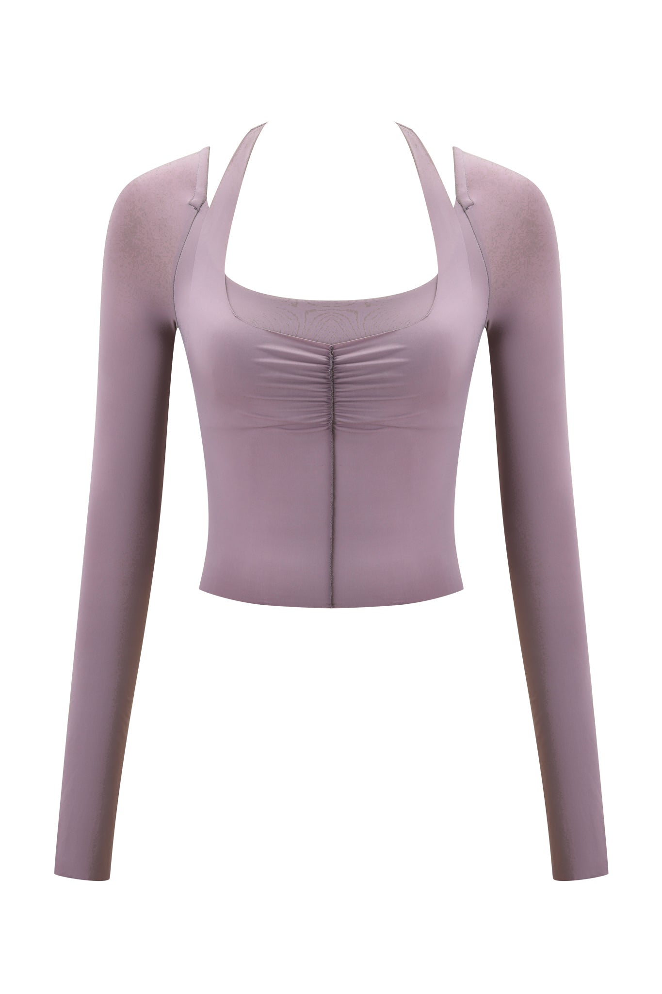 The NERINA LONG SLEEVE TOP by I.AM.GIA in dusty lilac features a fitted, bodycon silhouette with a square neckline, ruched bust detailing, broad structured shoulders, and smooth stretchy fabric for a flattering look.
