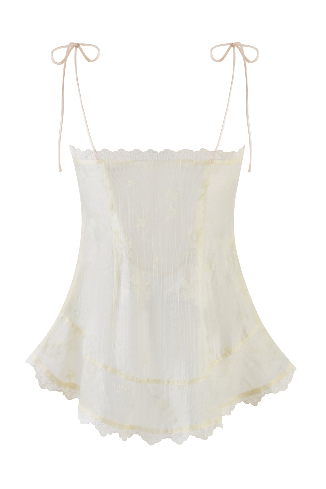 The MEADOW TOP - WHITE: FLORAL DELIGHT by I.AM.GIA is a delicate cream cami with adjustable spaghetti straps tied at the shoulders. It showcases a subtle floral pattern, lace-trimmed neckline and hem, and a flared design crafted from elegant stretch satin.