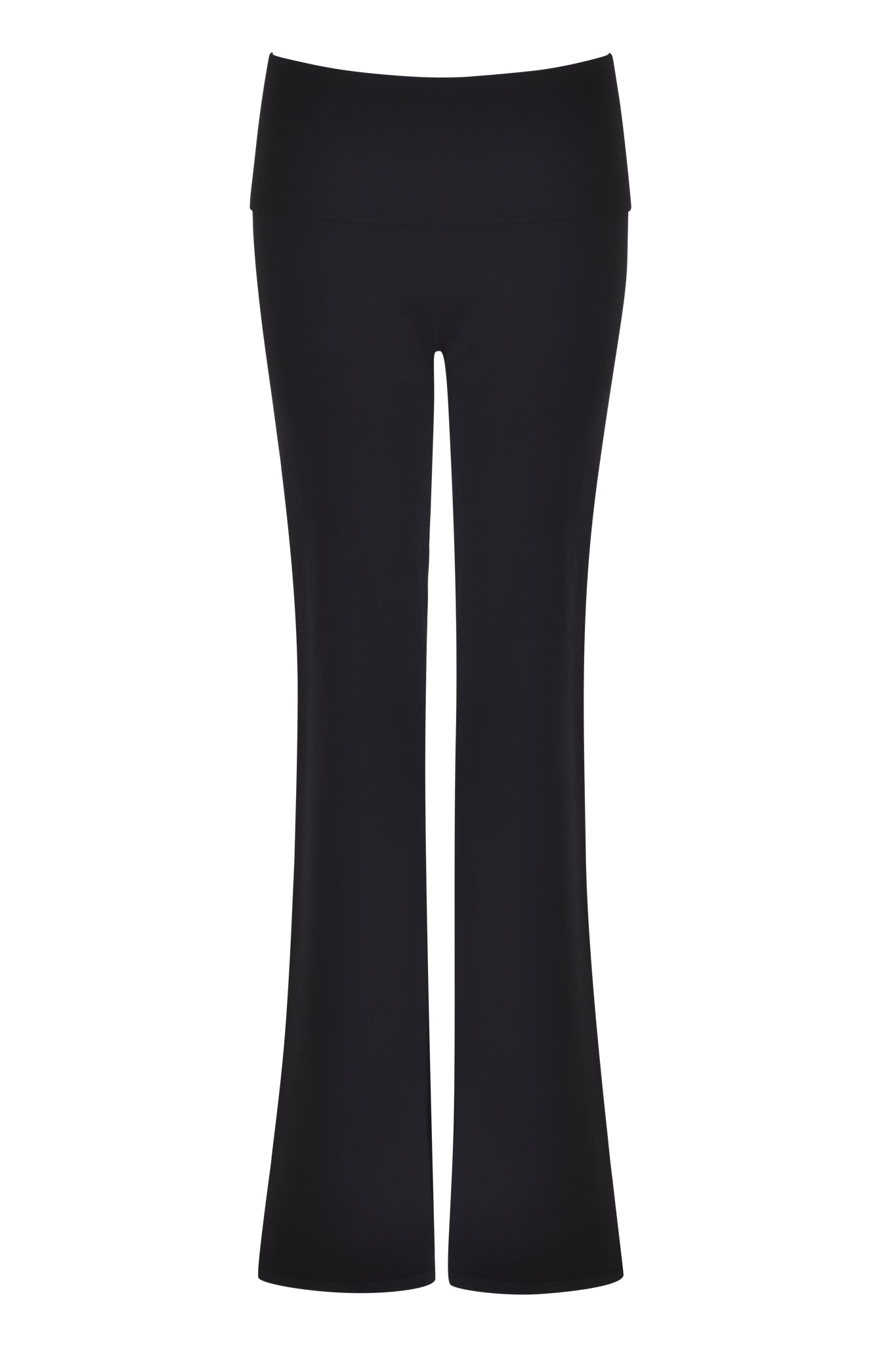 Introducing the AUDRINA PANT 2.0 - BLACK from I.AM.GIA, with a stylish foldover waistband and flared legs, elegantly displayed on a pristine white background.