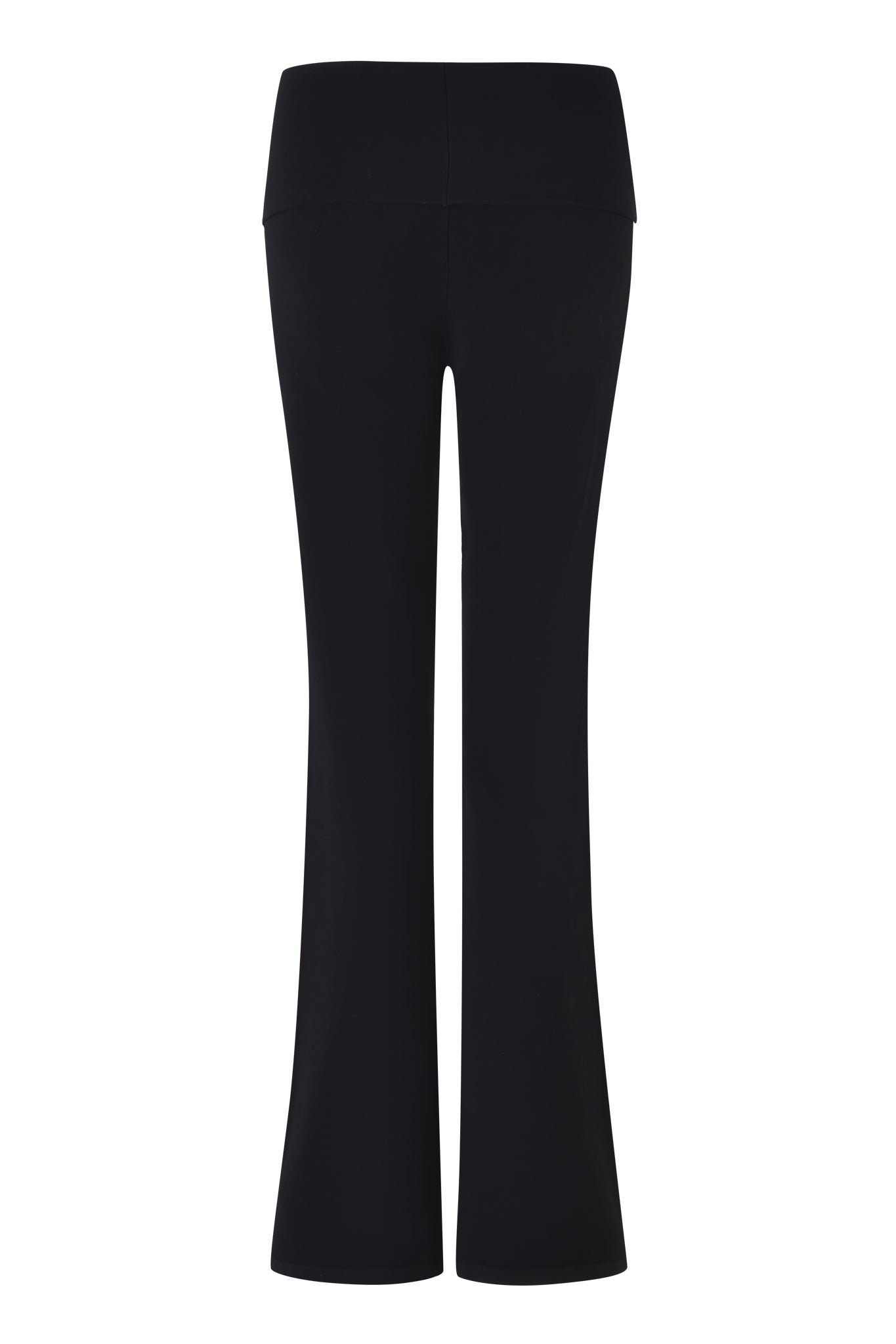 The I.AM.GIA Audrina Pant 2.0 in black boasts a chic flared leg and high waistband, showcased elegantly from the back against a white background.