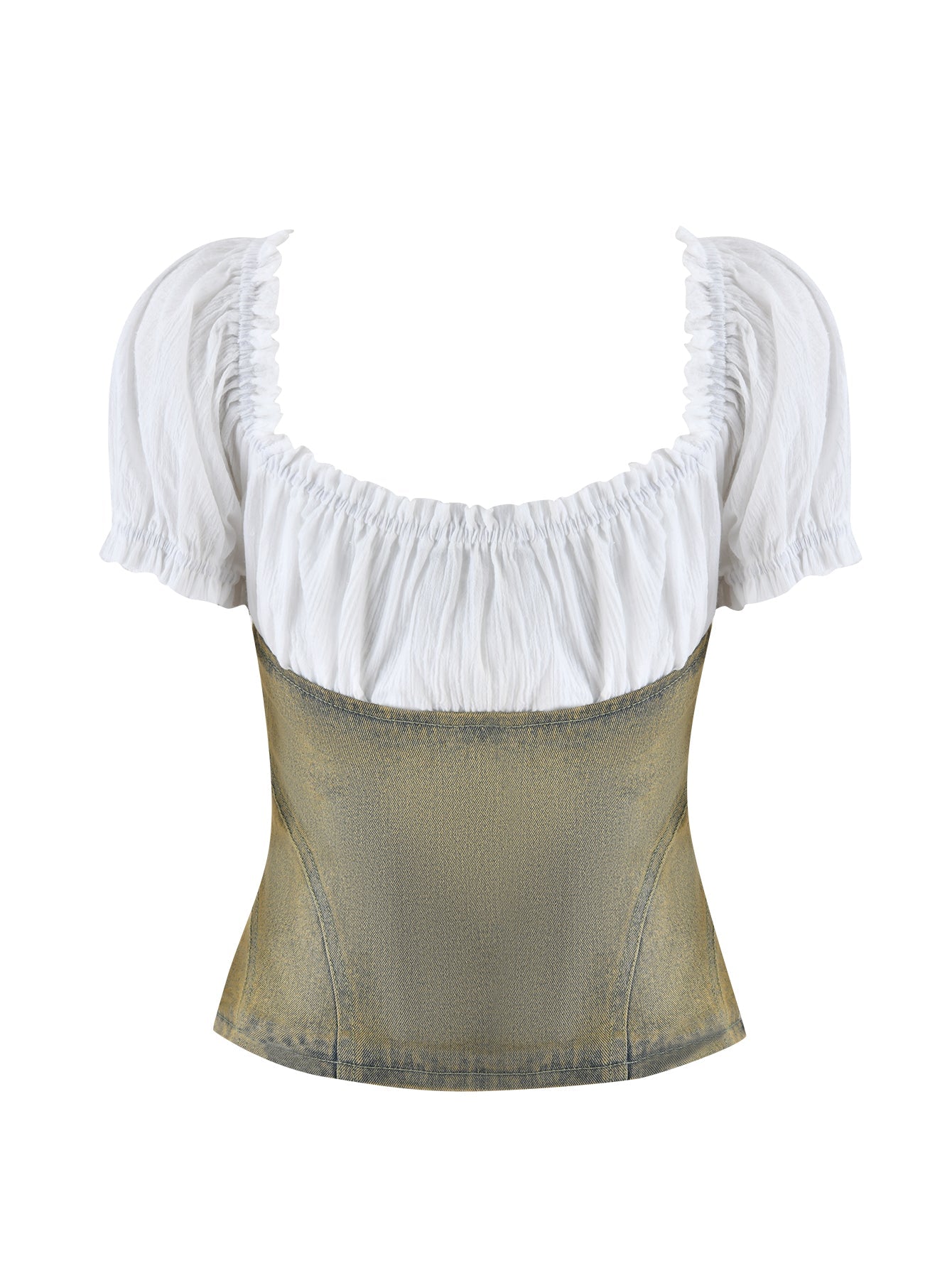 The JOSLIN TWO PIECE CORSET by I.AM.GIA, featuring a white puff sleeve top with a ruffled neckline, impeccably pairs with its metallic gold corset-style bodice. This elegant design contrasts soft texture with structured shine, redefining the traditional denim corset style.