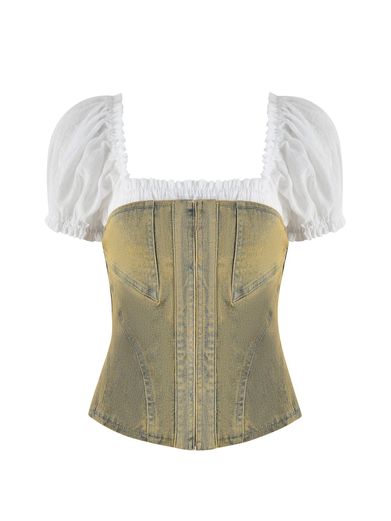 The JOSLIN TWO PIECE CORSET - BEIGE: TAN WASH by I.AM.GIA is a denim corset-style top with structured seams, a front zipper, white puff sleeves, and an elasticized square neckline. Its slightly faded denim effortlessly blends casual and vintage styles.
