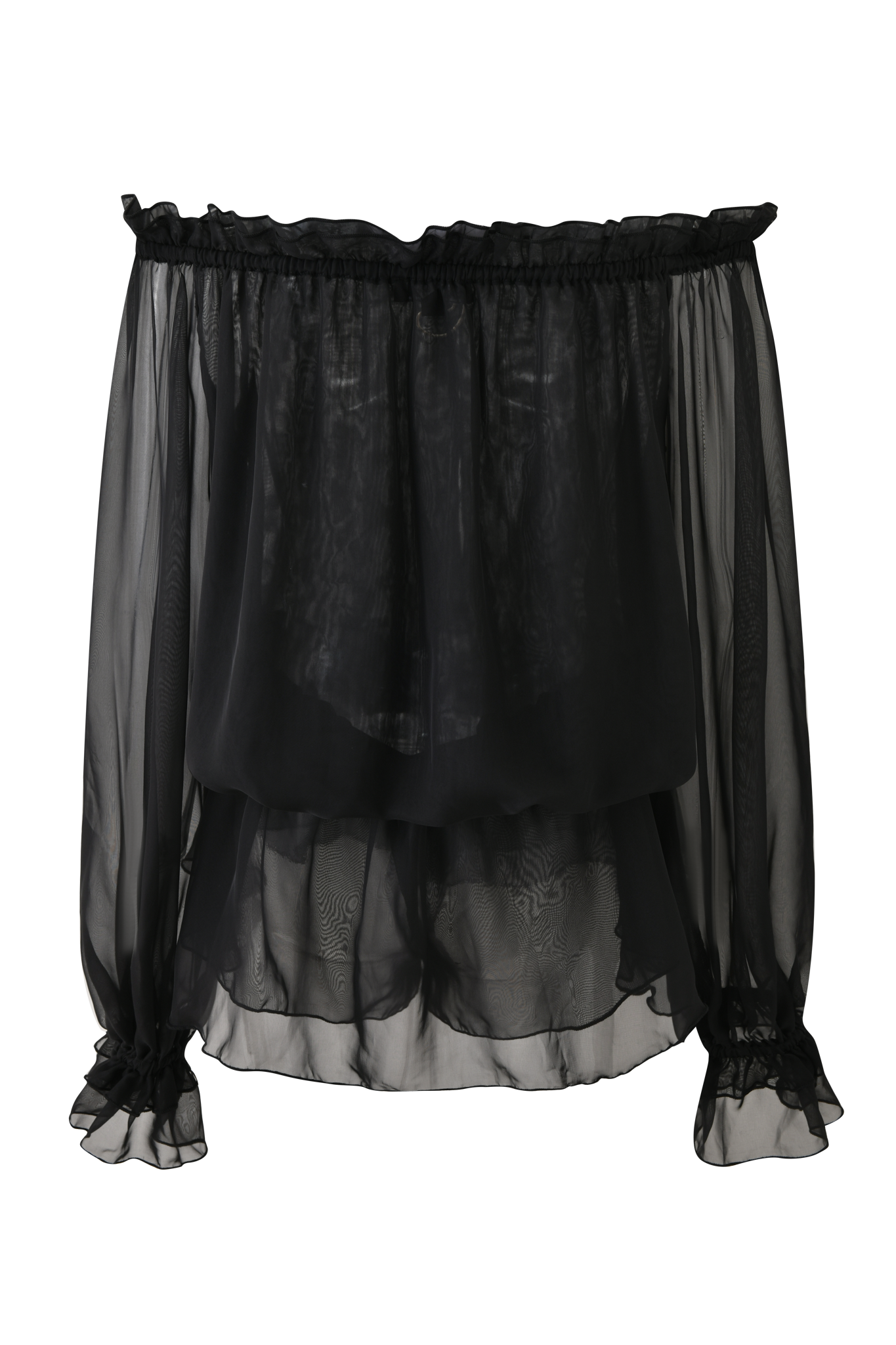 The JAZMIN PLAYSUIT - BLACK by I.AM.GIA features sheer, off-the-shoulder styling with long, billowy sleeves, ruffled cuffs, and layered fabric—an elasticized neckline and cuffs create a flowy silhouette for an effortlessly chic look.