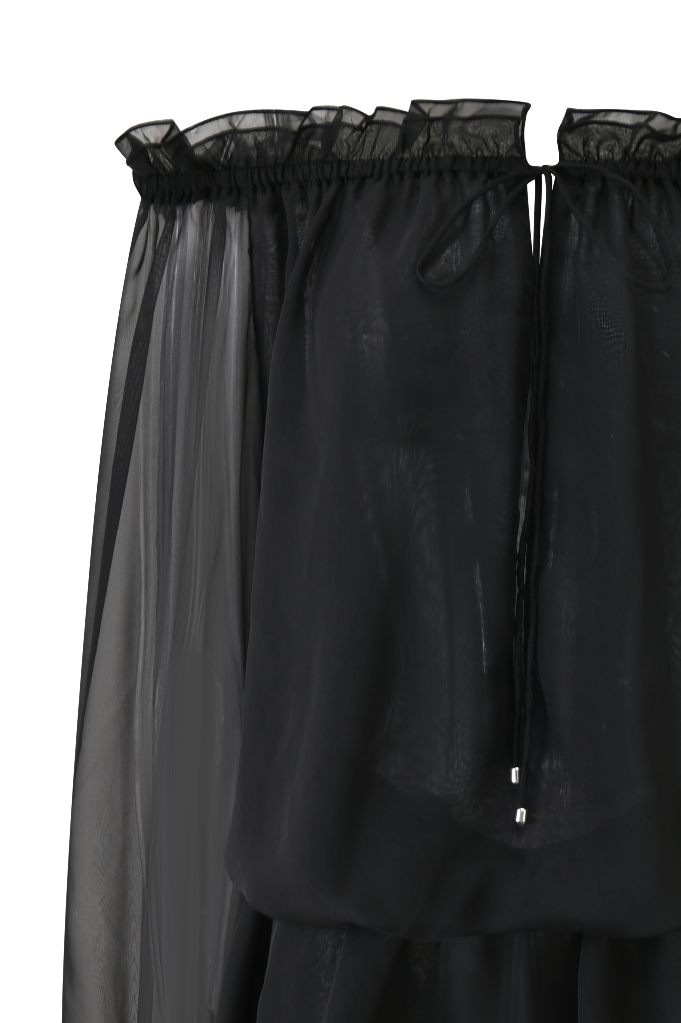 A close-up of the I.AM.GIA JAZMIN PLAYSUIT in black, featuring a sheer off-the-shoulder design with gathered elastic at the top and thin drawstrings hanging down the front.