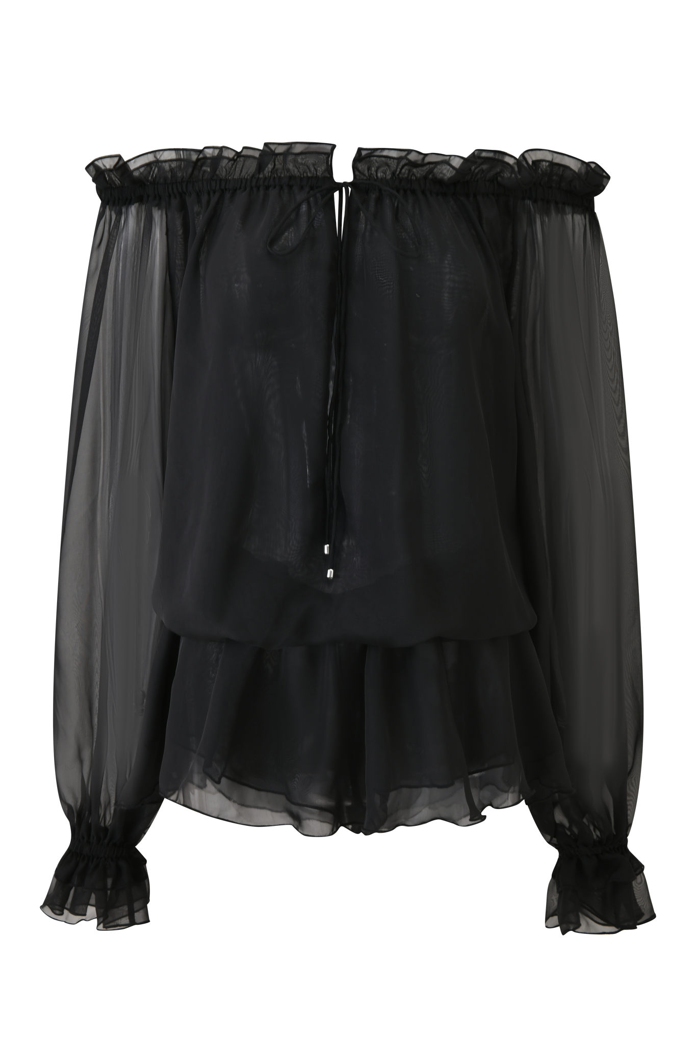 The JAZMIN PLAYSUIT by I.AM.GIA features a sheer black off-the-shoulder design with long, puffy sleeves, ruffled neckline and cuffs, plus a layered hem for an effortlessly chic, flowy romper vibe.