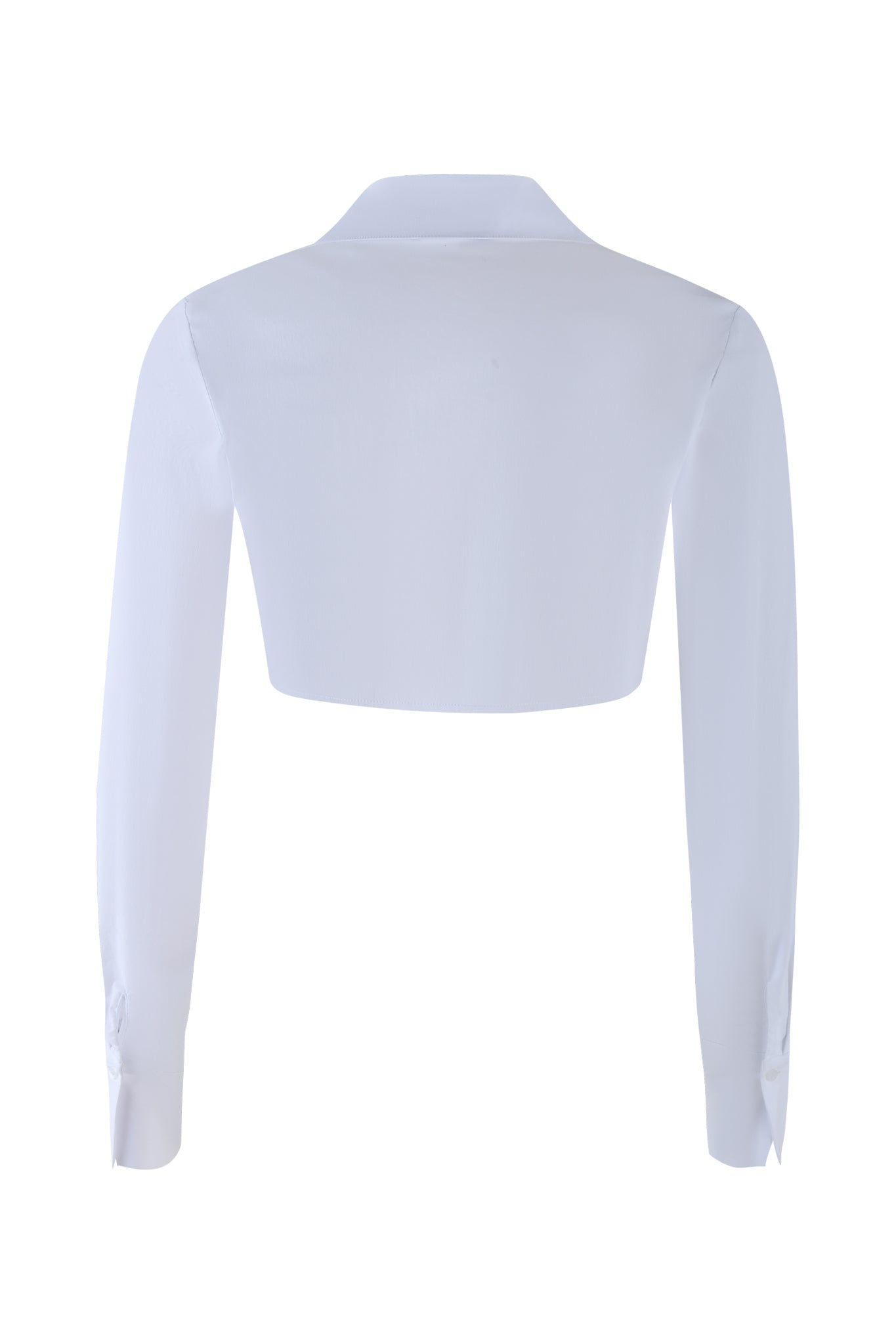 Back view of the I.AM.GIA MILLER TOP in white, a long-sleeved, bralette-style cropped jacket with a collar. The smooth fabric provides a fitted look, ending just above the waist.