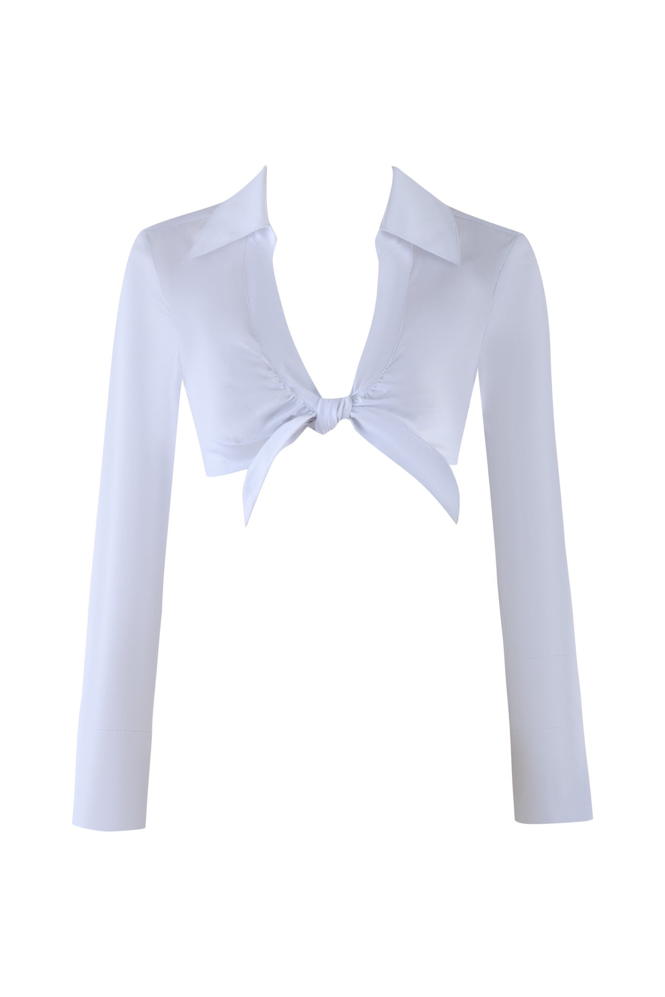 The MILLER TOP by I.AM.GIA is a white, long-sleeved crop top featuring a deep V-neckline and tie-front closure. Its bralette-style design includes a wide collar, offering a sleek, modern look with smooth and lightweight fabric.