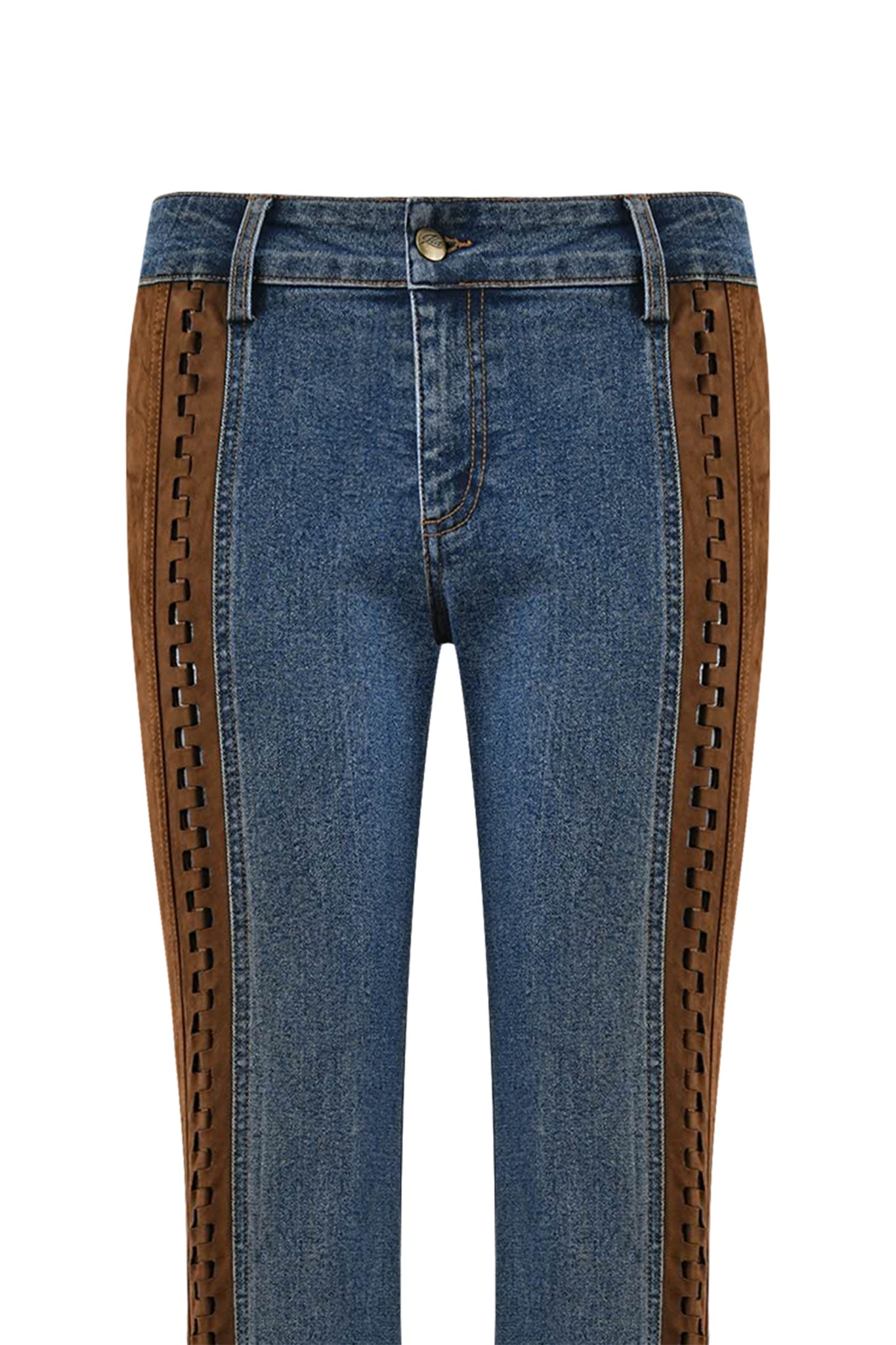 The FORREST PANT - BLUE by I.AM.GIA features a medium wash denim with vintage effects, contrasting brown faux leather side panels, woven edge details for texture, and a classic five-pocket style with a button closure.