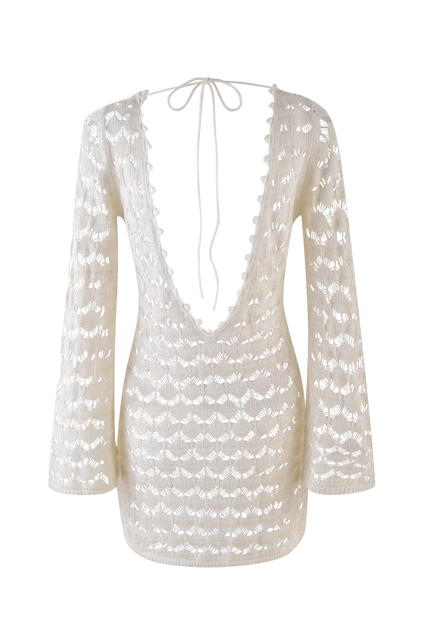 The SIENNA MINI DRESS - BEIGE : CREAM by I.AM.GIA is a crochet mini dress with a plunging V-neckline, open back, and scalloped edges. It ties at the neck and showcases an intricate floral pattern, making it a stunning choice for any occasion.