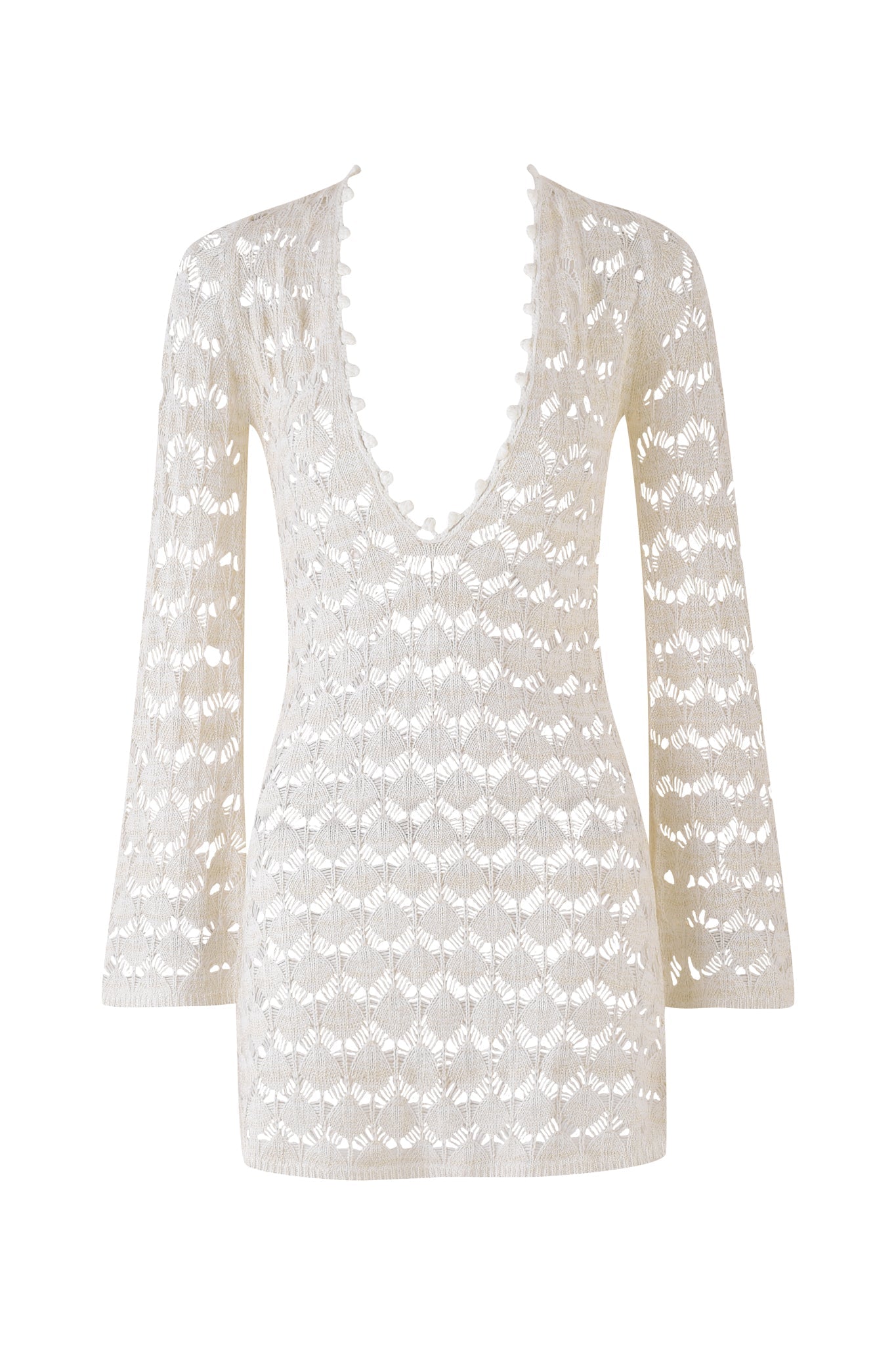 The SIENNA MINI DRESS by I.AM.GIA is a cream-colored, long-sleeved crochet piece with a plunging V-neck. It features symmetrical loops for a textured design and has a slightly flared hem and sleeves, offering an airy knit style in the beige: cream colorway.