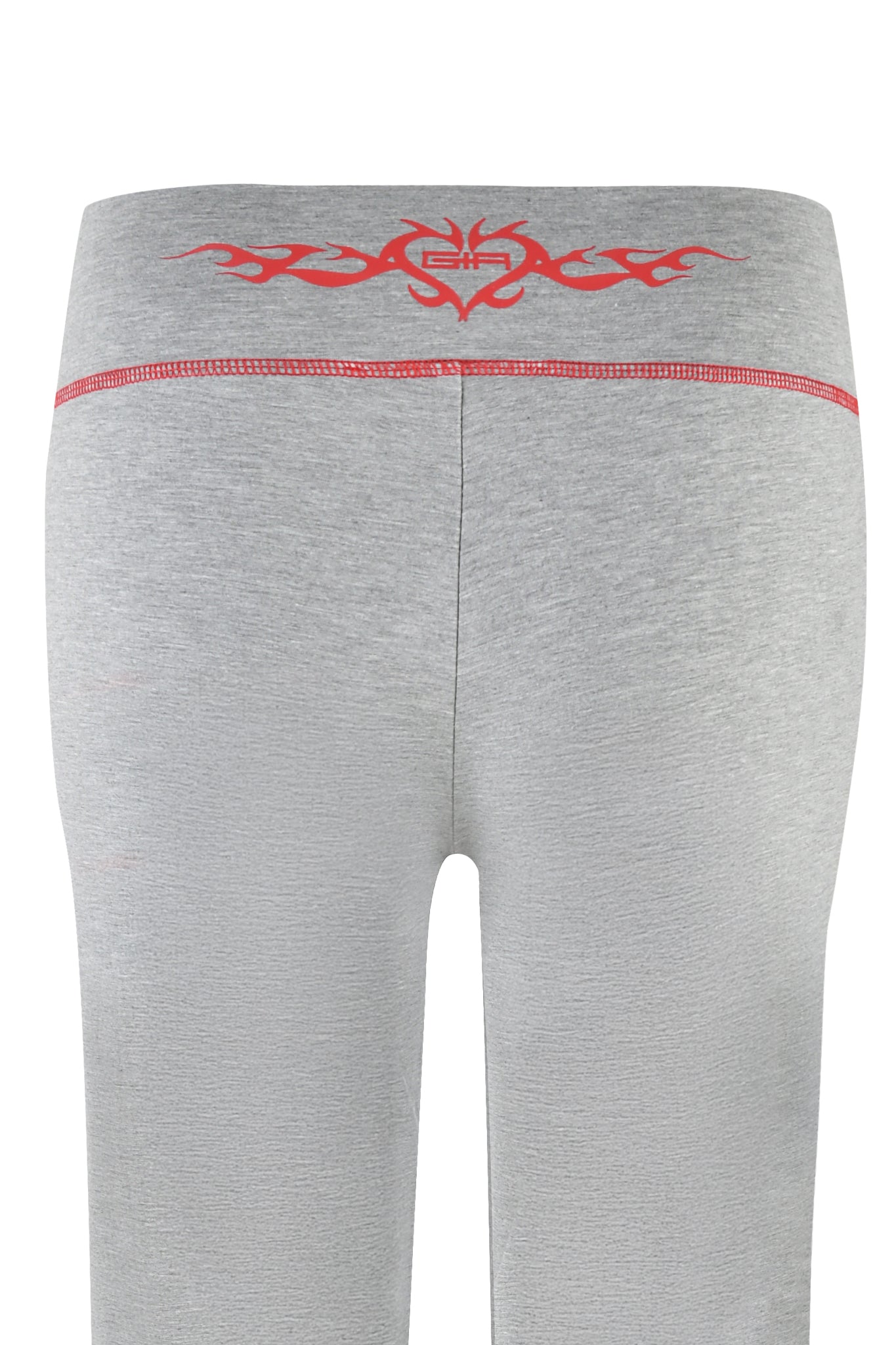 Stylish dove grey leggings with a red tribal waistband, offering a seamless blend of style and comfort like the I.AM.GIA Blare Trackpant 2.0 collection.