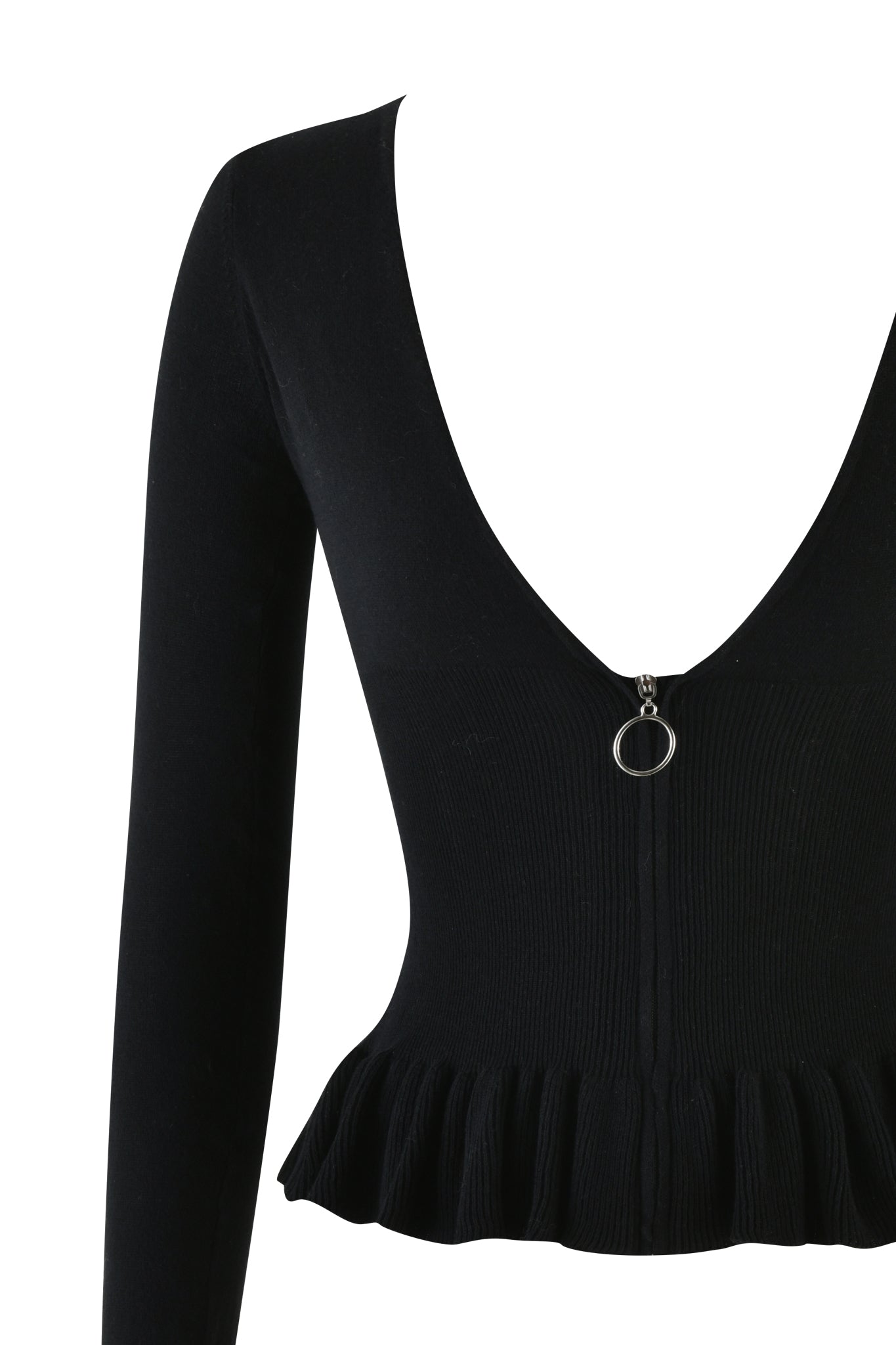 The RAVEN TOP from I.AM.GIA is a black long-sleeve with a deep V-neckline, front zipper and circular pull. Its true knit fabric and ruffled hem add texture to the design.