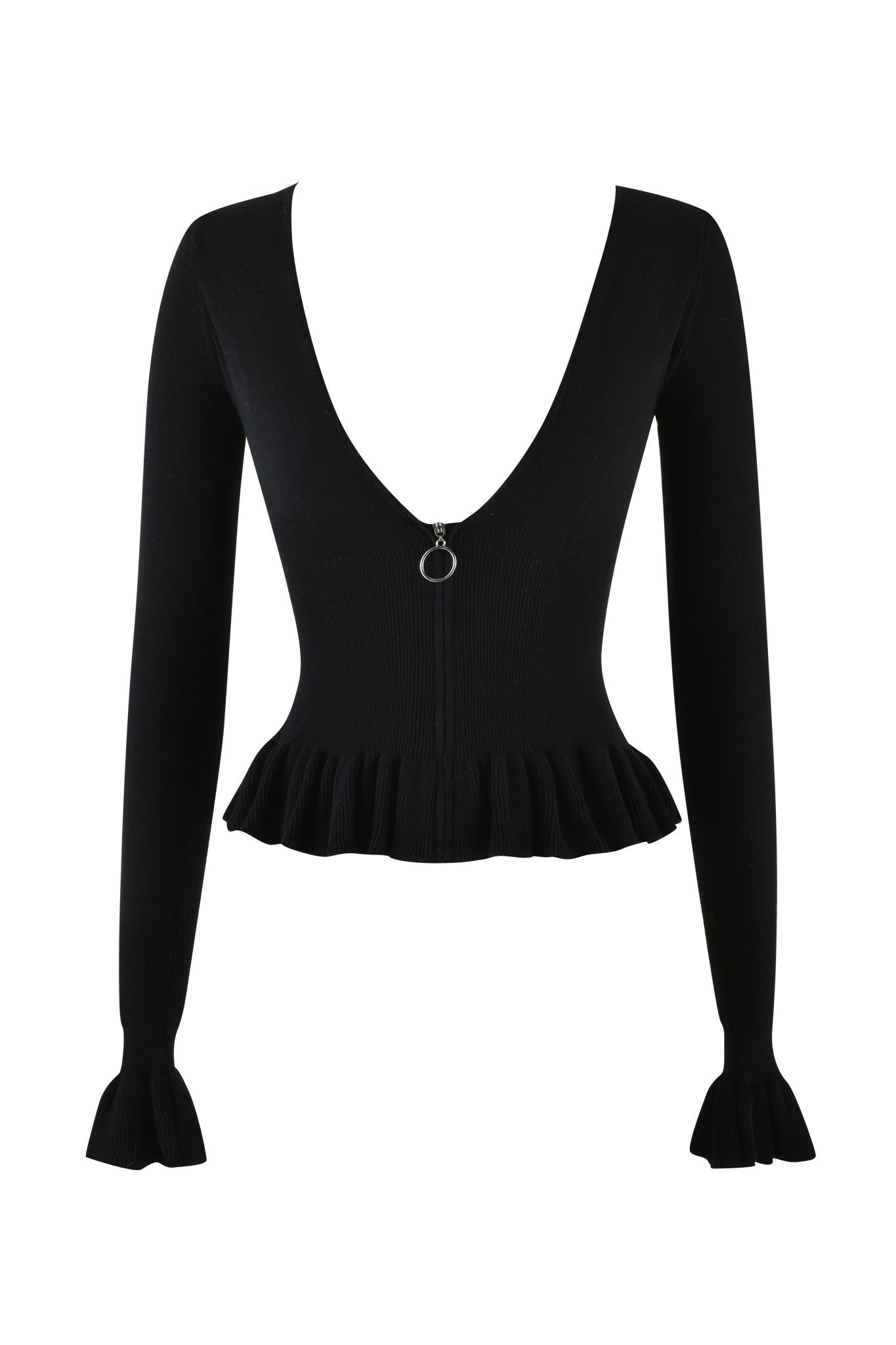 The I.AM.GIA Raven Top in black features a true knit design with a deep V-neck, central zipper, and ring pull. Its fitted silhouette is enhanced by ruffled cuffs and hem, making it the perfect versatile top for any occasion.