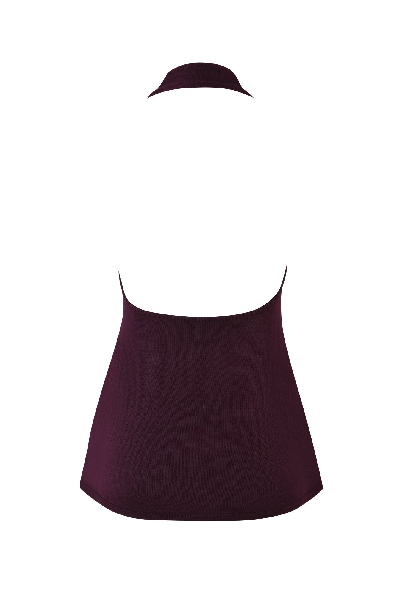 The SIMI TOP by I.AM.GIA is a plum purple halter top with a high neck. This true knit design features an open back and fitted waist, offering a sleek and elegant style.