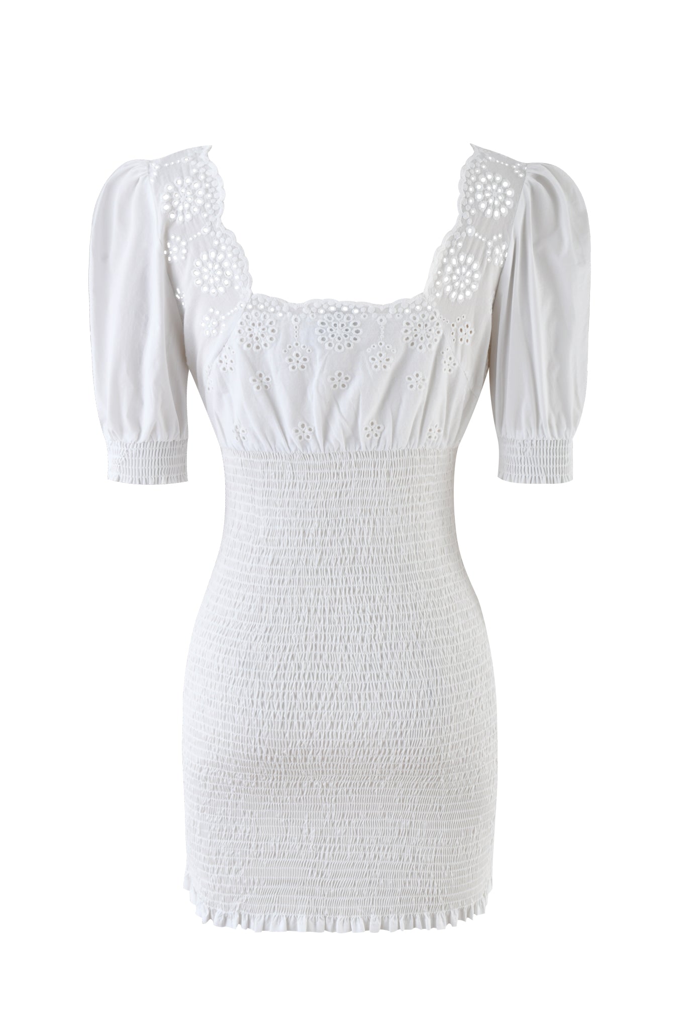 The LEVI MINI DRESS - WHITE by I.AM.GIA features a smocked bodice, short puff sleeves, and floral lace detailing on the square neckline. Its straight, slightly ruffled hem enhances the elegant silhouette.