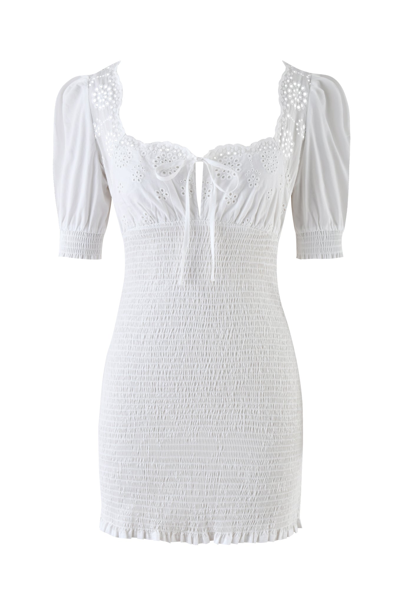 The LEVI MINI DRESS - WHITE by I.AM.GIA features short puff sleeves, lace details, a smocked body, eyelet embroidered neckline, and a chest bow. It’s finished with a slightly ruffled hem for added femininity.