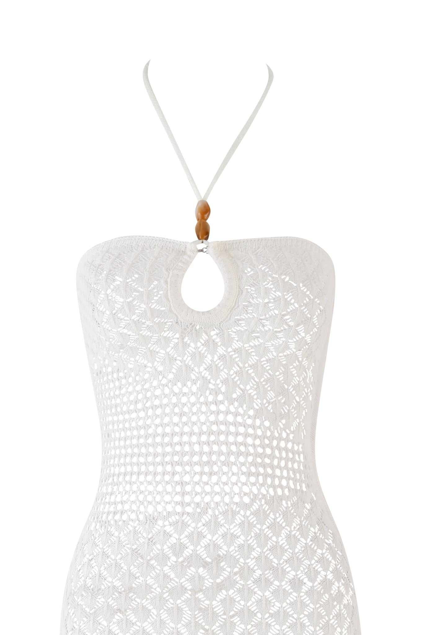 The I.AM.GIA CORALIE MINI DRESS in beige and cream features a crochet design with a keyhole neckline, tortoise bead fastening, and a fitted silhouette, presented against a plain white background.