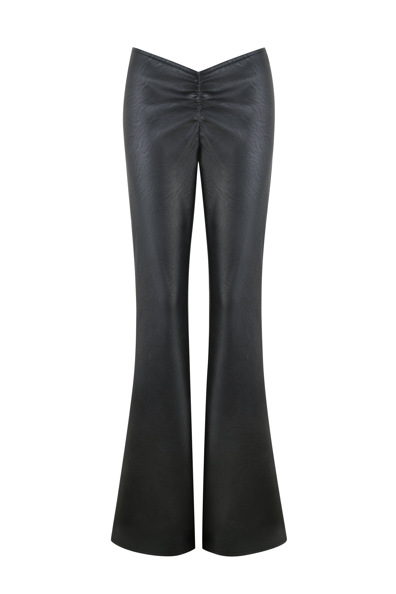 The NEAVAH PU PANT by I.AM.GIA features black faux leather with a high waist, V-shaped waistband, and center leg crease. These bell-bottom pants have a slight sheen that enhances their sleek, flared silhouette.