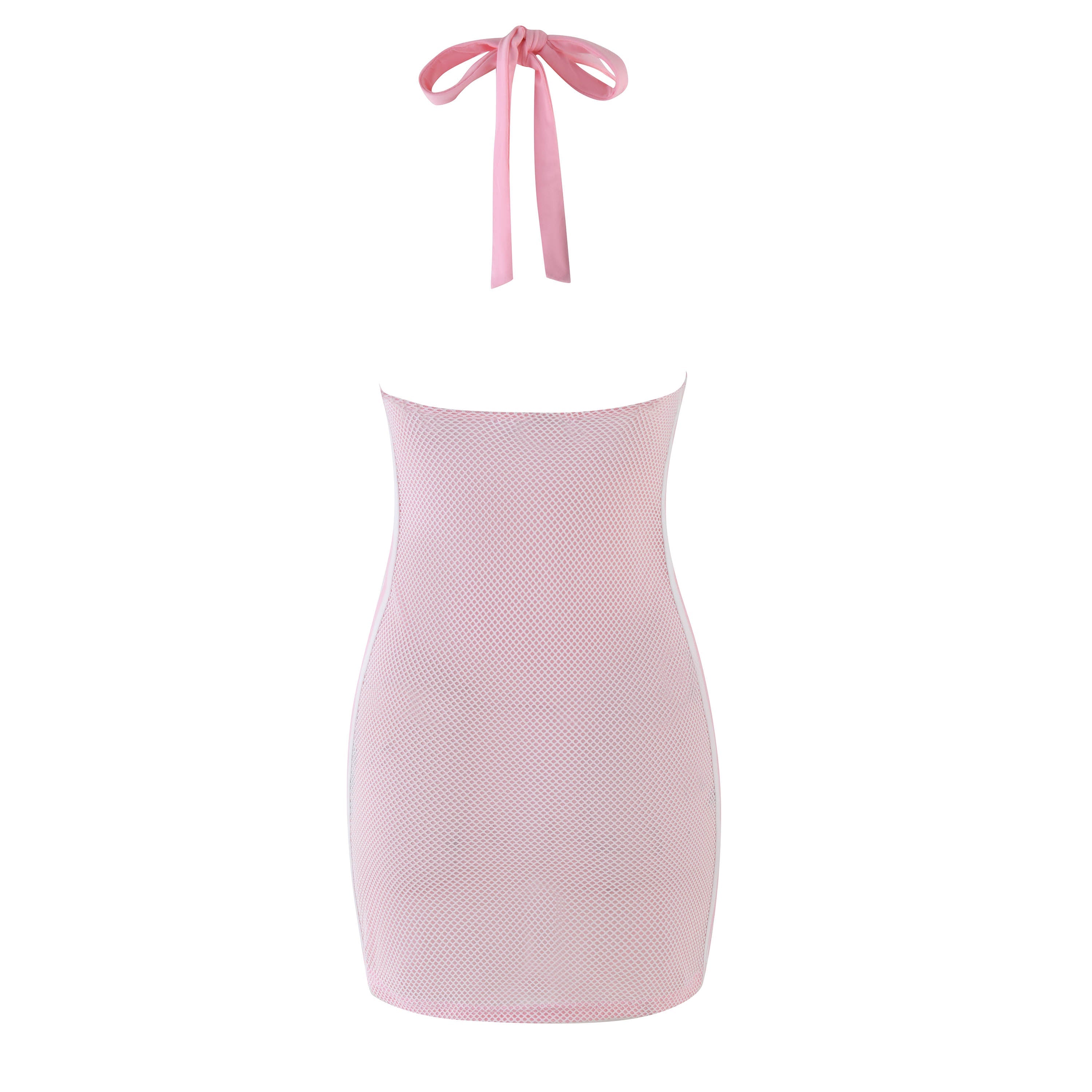 The CHANDLER MINI DRESS in baby pink by I.AM.GIA is a chic strapless bodycon dress with a mesh-like texture and a halter-neck ribbon tie, exuding minimalism and elegance.
