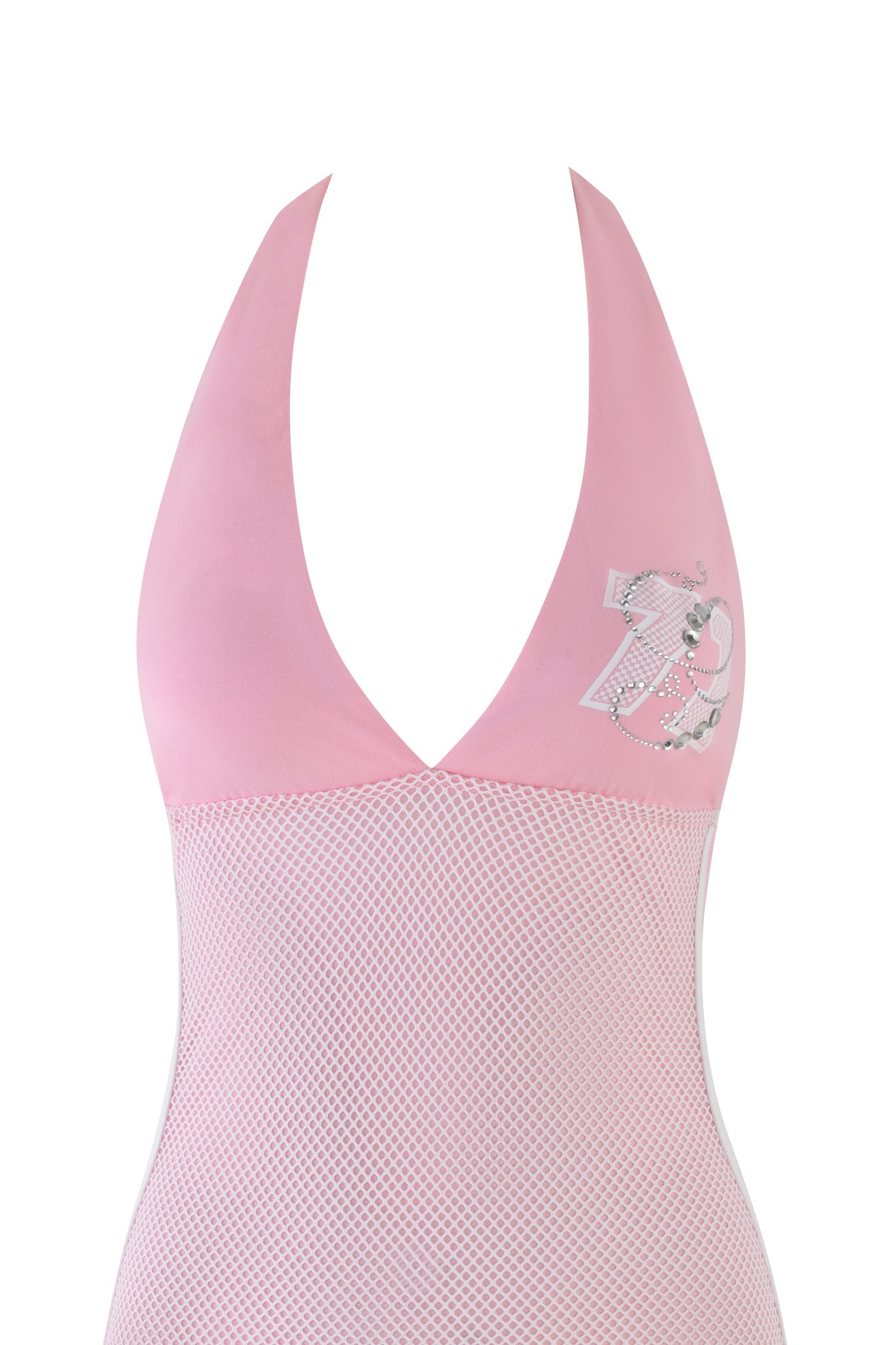 The CHANDLER MINI DRESS - PINK by I.AM.GIA features a bodycon silhouette with a plunging neckline, mesh overlay on the lower section, an "I.AM.GIA" print, and a sparkling stitched “25” design on the upper left side.