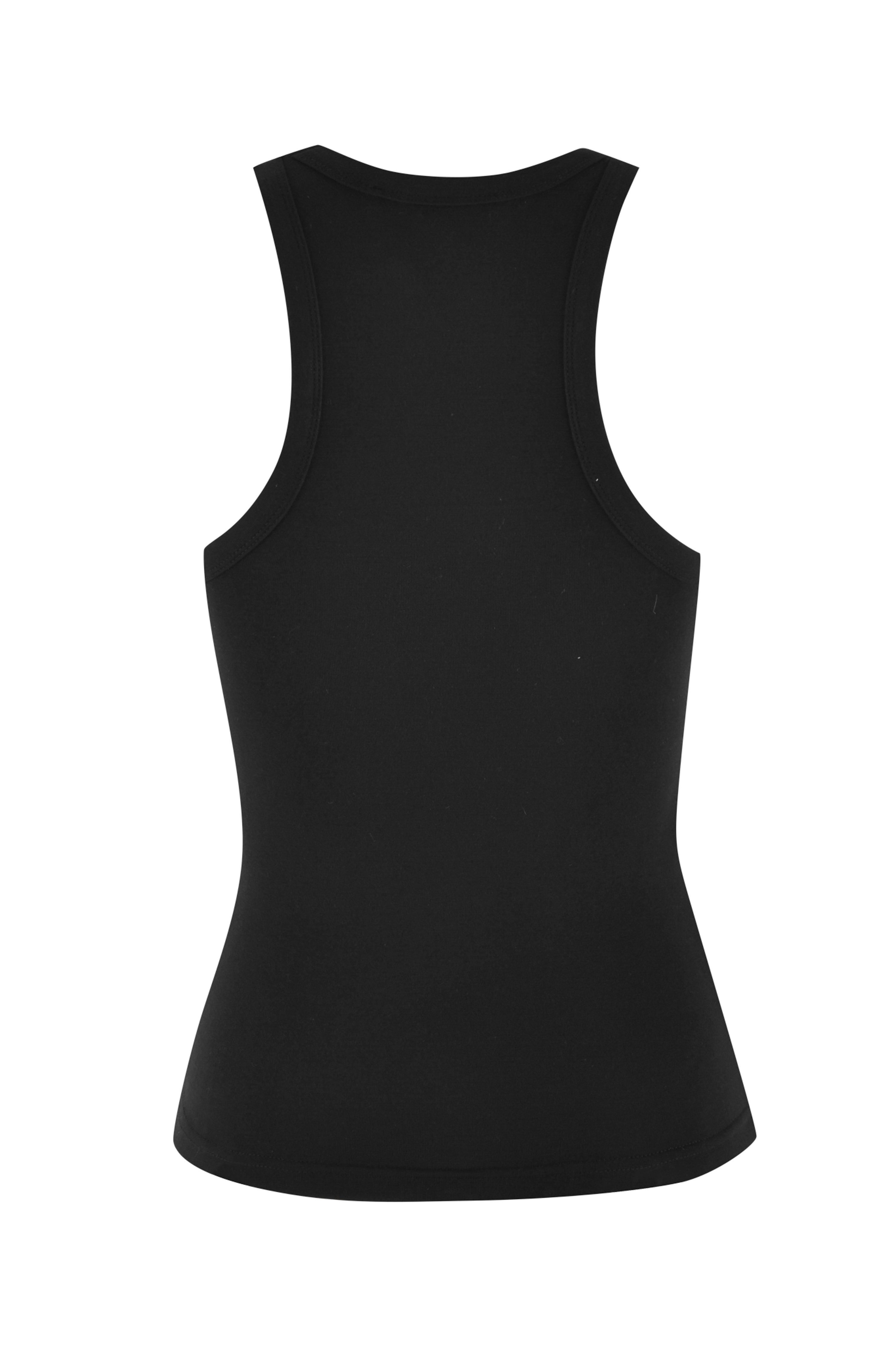 The AQUARIUS ZODIAC TANK by I.AM.GIA is a stylish black bamboo racerback tank top with a subtle bodycon fit, set against a plain white background.