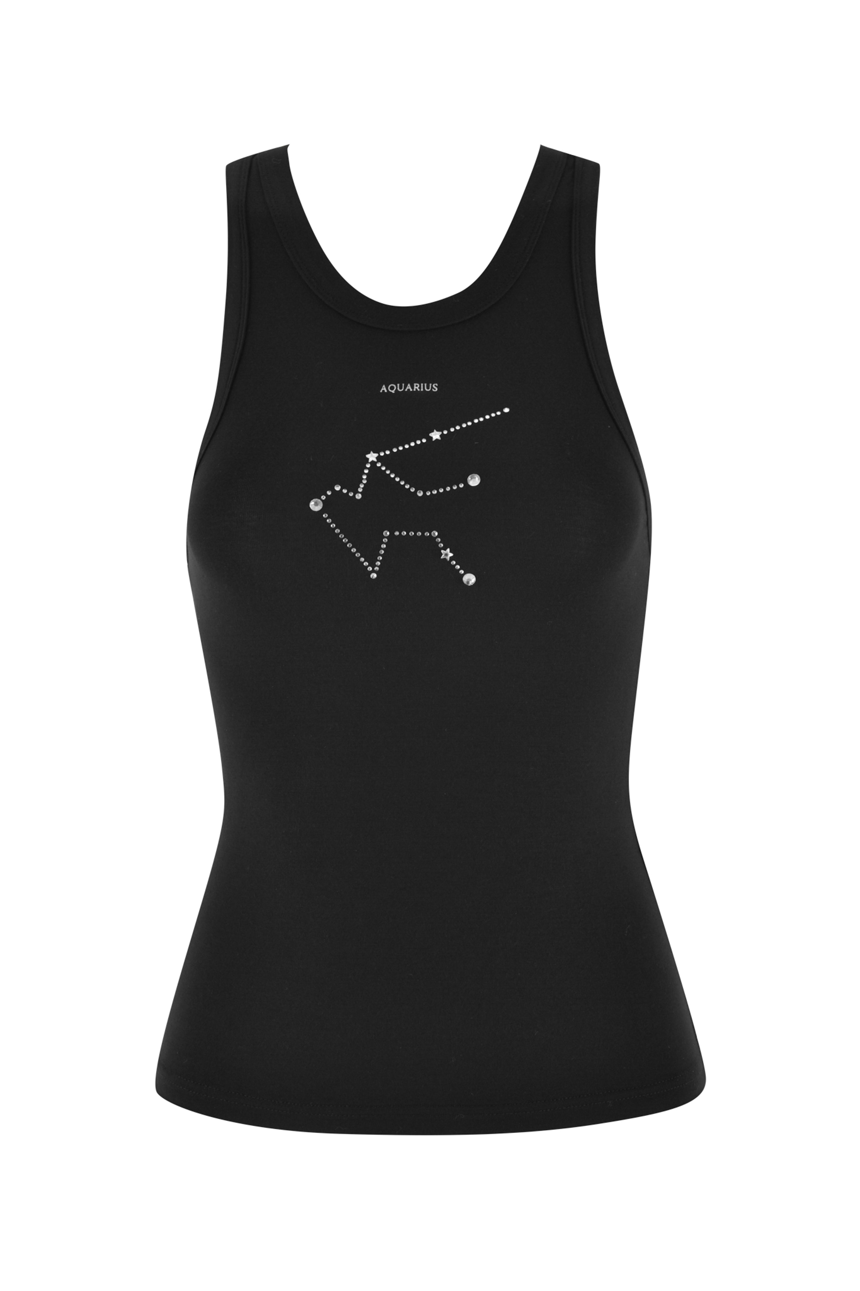The AQUARIUS ZODIAC TANK by I.AM.GIA is a chic black racer-style bamboo top, featuring a white stylized Aquarius constellation with dotted lines and labeled stars, and offers a sleek bodycon fit.