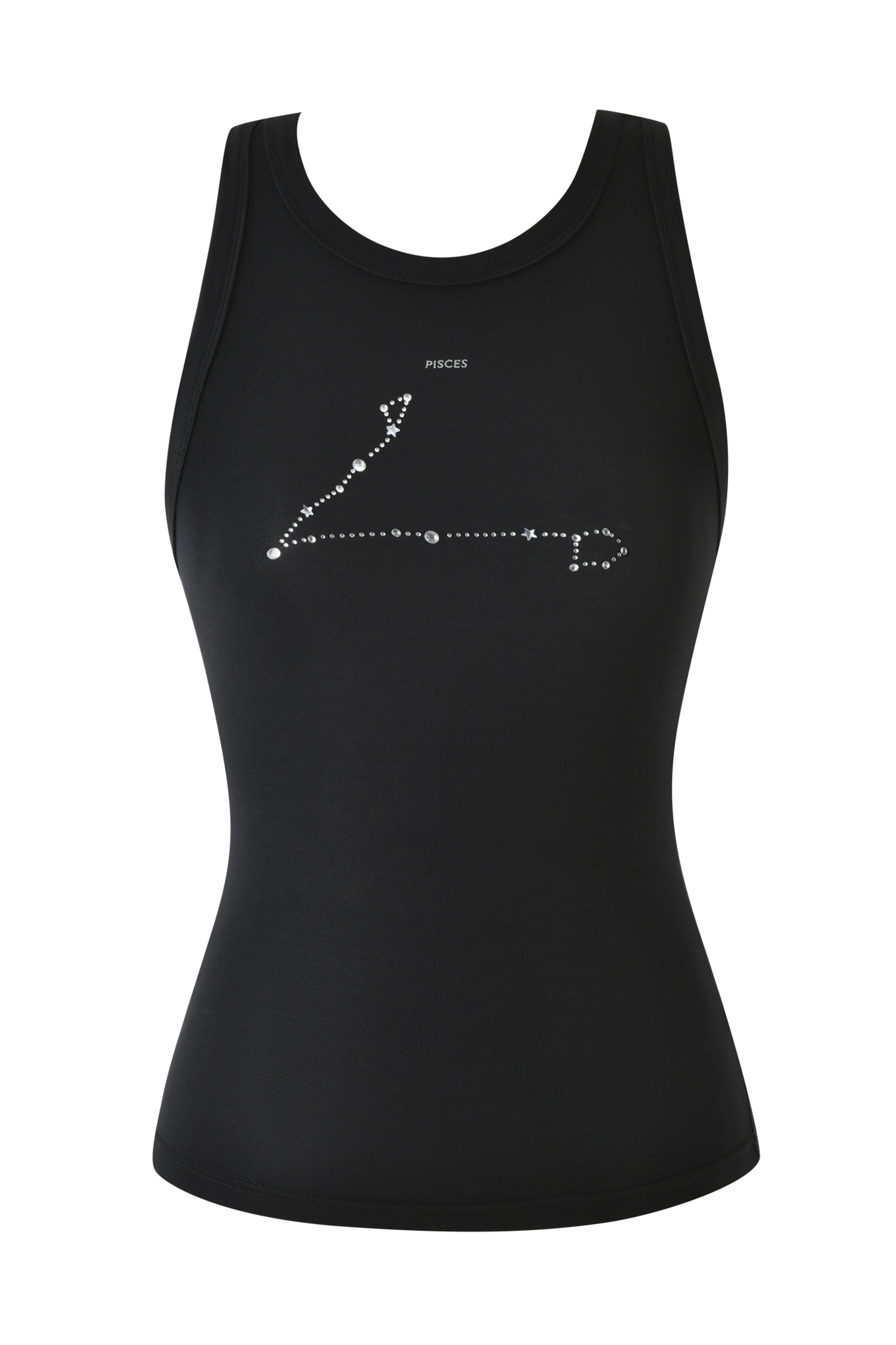 The PISCES ZODIAC TANK - BLACK by I.AM.GIA is a bodycon bamboo tank top featuring the Pisces constellation graphic with small white dots on the front, elegantly topped with the word "Pisces.