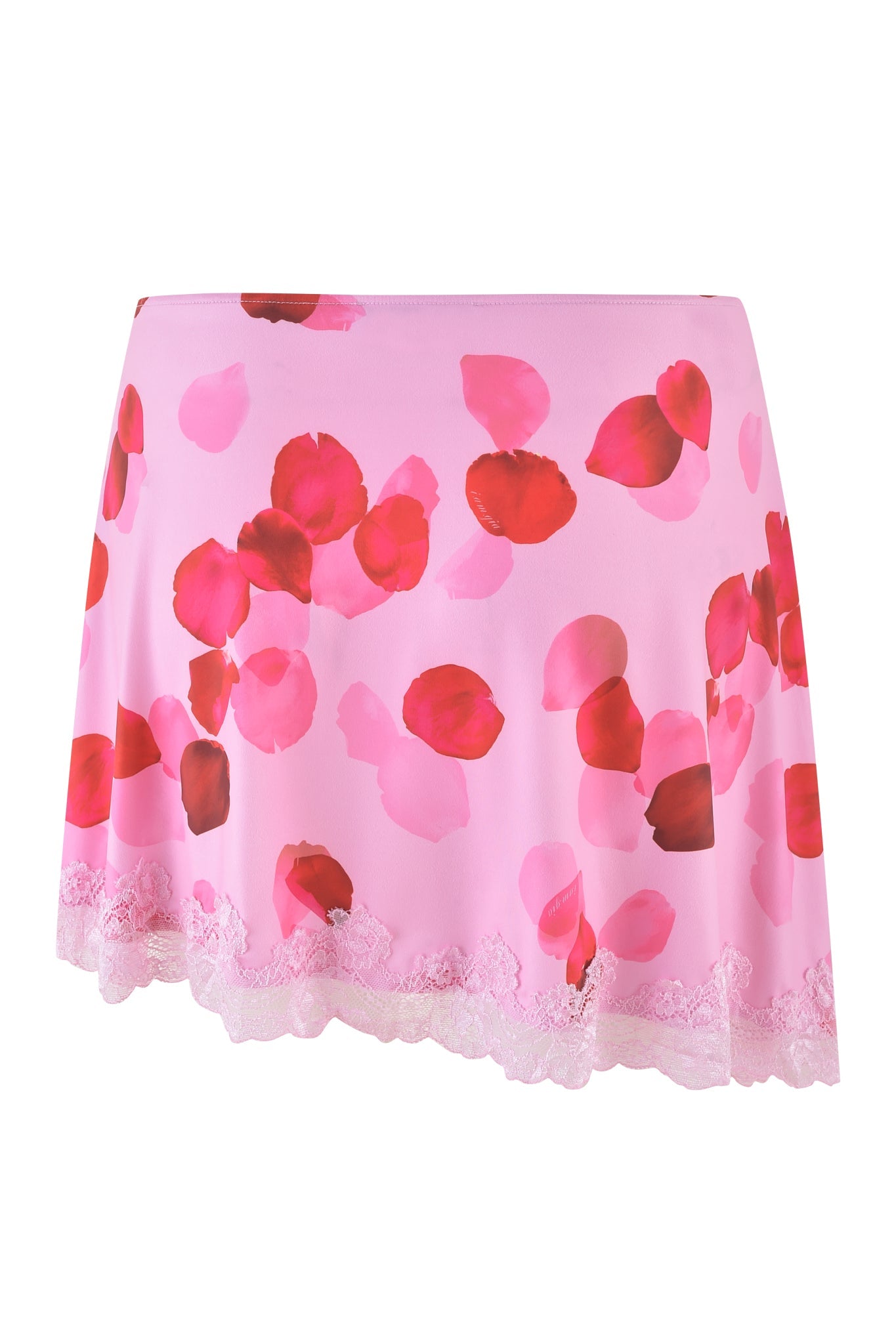 The I.AM.GIA ODETTA MINI SKIRT - PINK : PRETTY PETAL boasts a pink asymmetrical design with a red and rose petal print and is adorned with delicate lace trim at the hem.