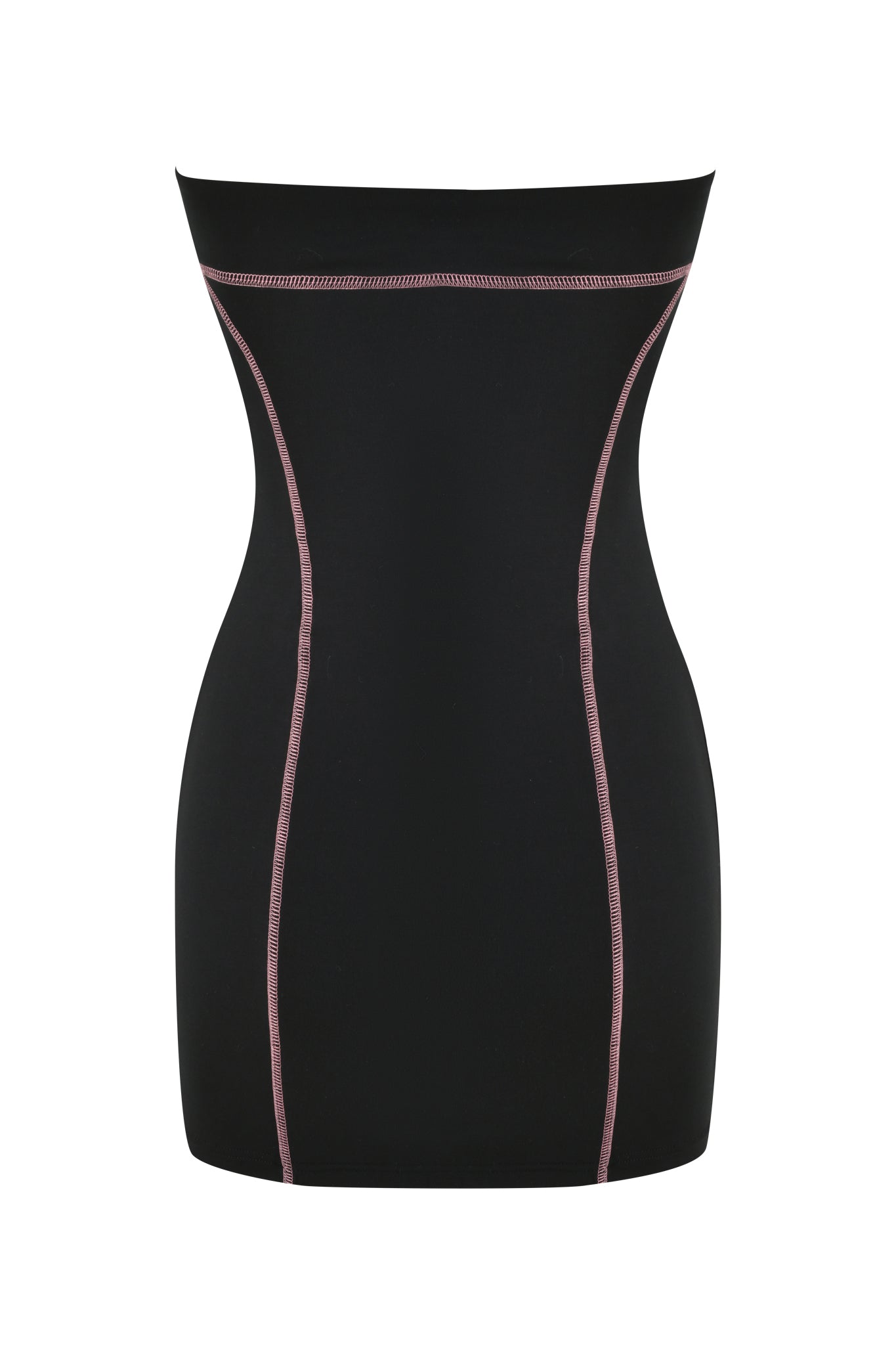 Displayed against a white background, the BLARE TUBE MINI DRESS by I.AM.GIA features sporty pink princess seams on a black strapless design, creating a sleek, form-fitting silhouette reminiscent of shapewear.