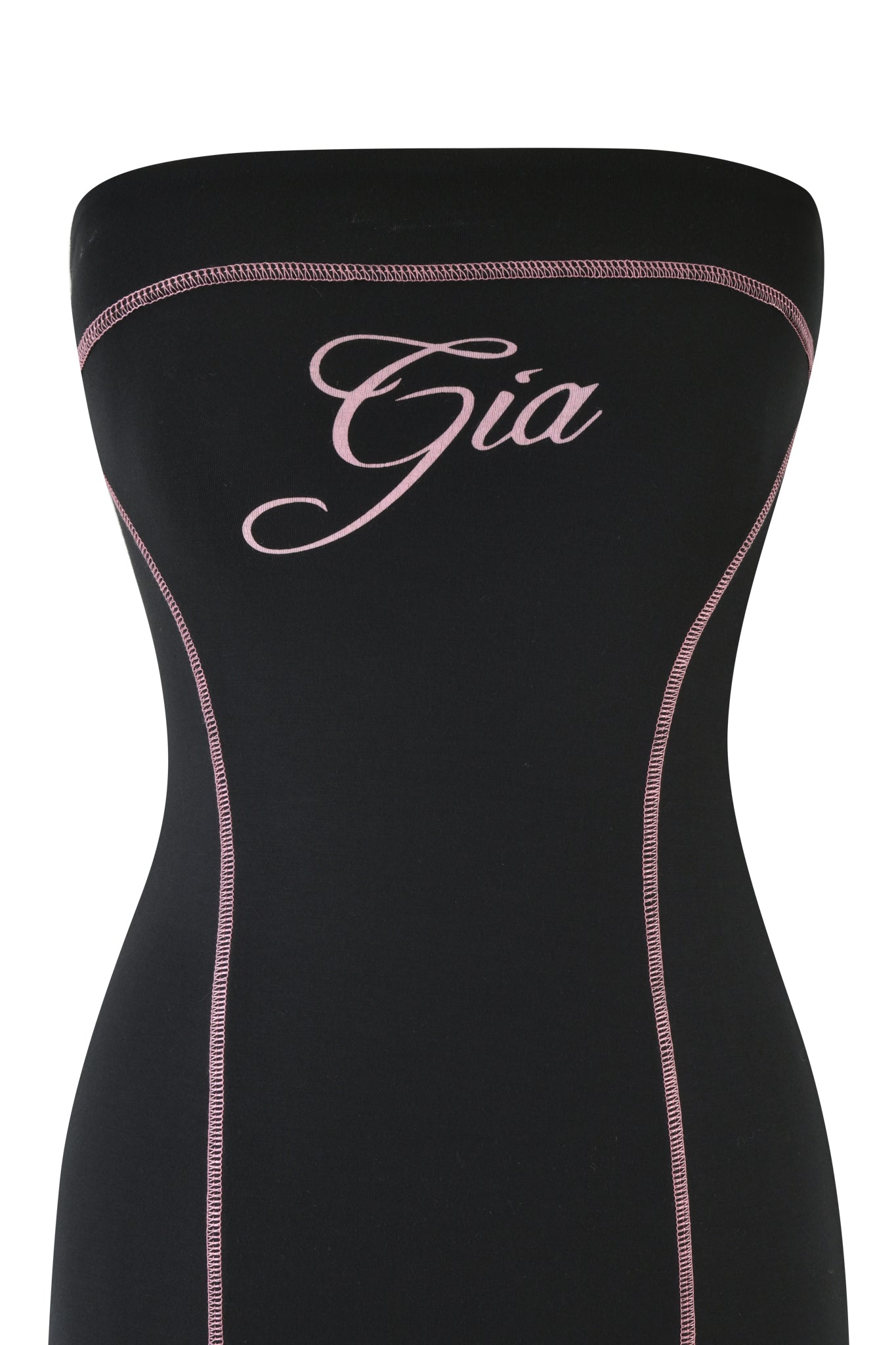 The BLARE TUBE MINI DRESS by I.AM.GIA is a strapless black mini featuring sporty princess seams with pink stitching and an elegant "Gia" print in pink script on the chest.