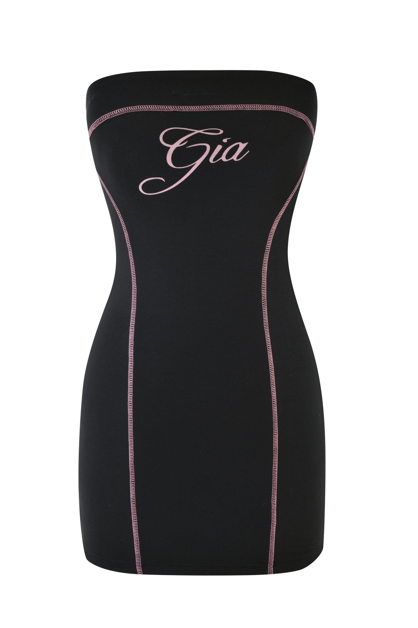 The BLARE TUBE MINI DRESS by I.AM.GIA is a form-fitting, strapless black mini dress with sporty princess seams and subtle pink stitching. It features "Gia" elegantly embroidered in pink script across the top front along with the I.AM.GIA placement print.