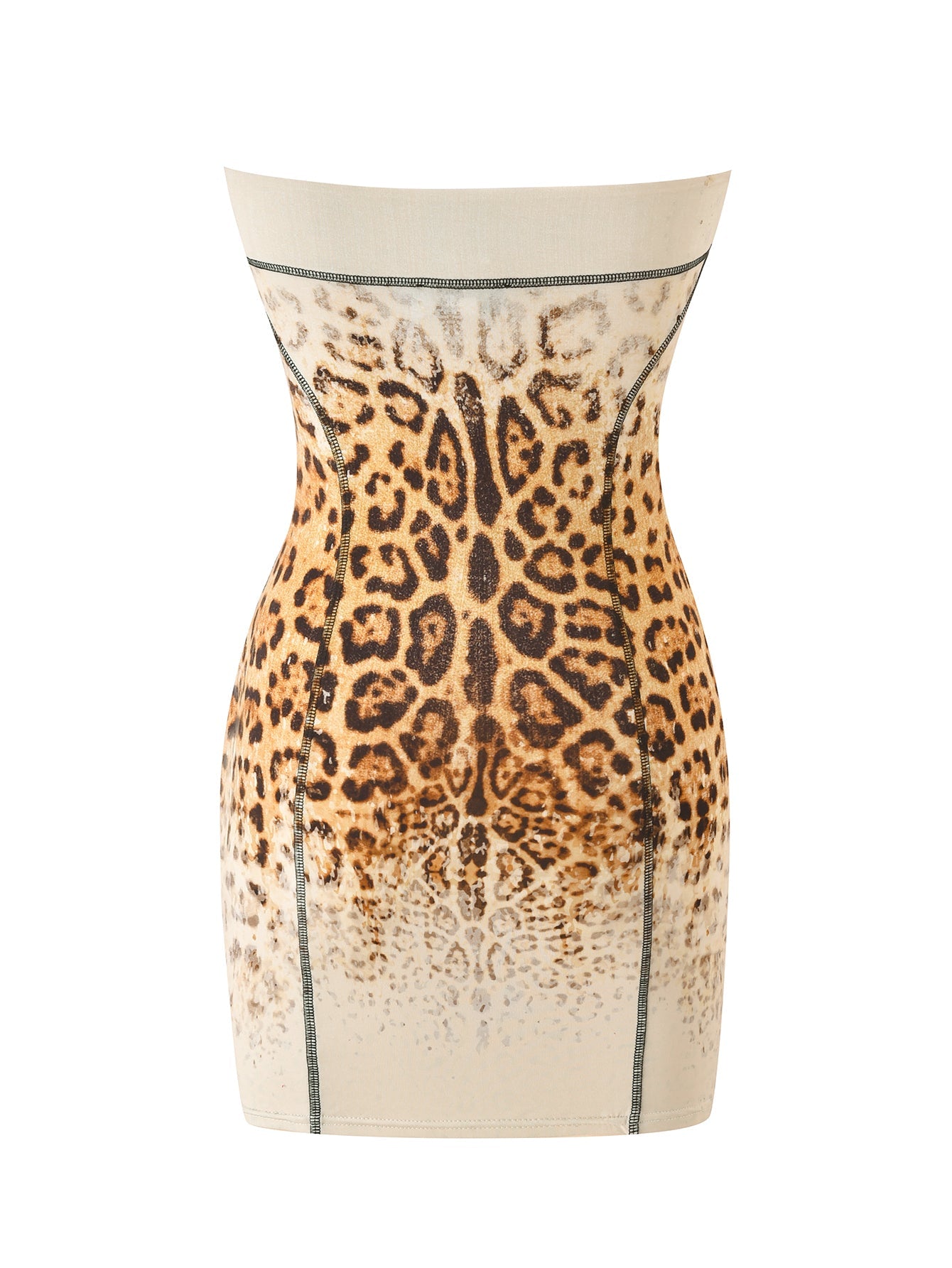 The BLARE TUBE MINI DRESS - CREAM FADED PANTHERA by I.AM.GIA is a strapless, knee-length bodycon mini dress showcasing a striking leopard print, detailed with vertical seams for a fitted, hourglass silhouette.