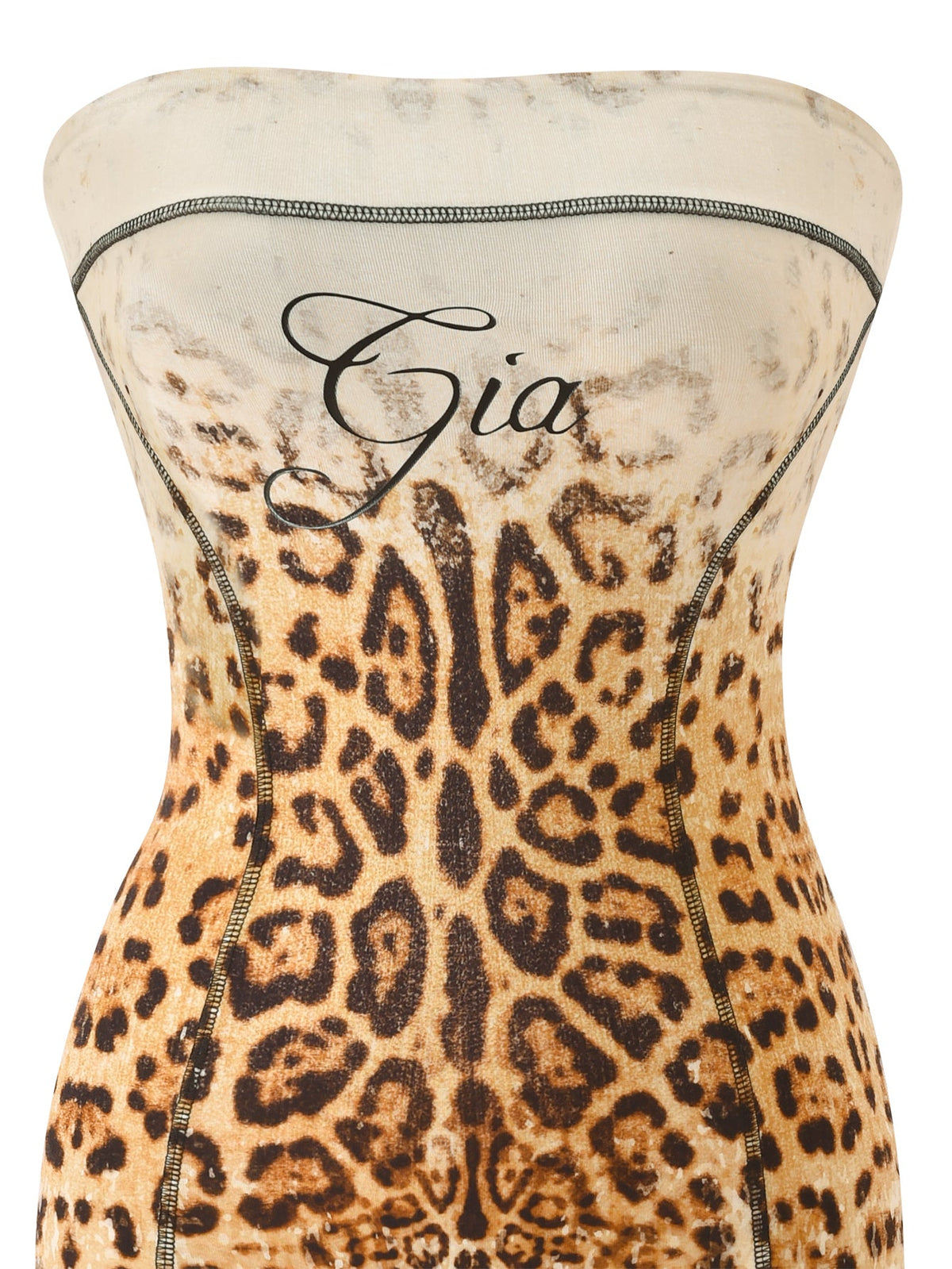 The BLARE TUBE MINI DRESS - CREAM FADED PANTHERA by I.AM.GIA is a strapless bodycon mini dress, showcasing a bold leopard print and the “Gia” logo in cursive across the chest.