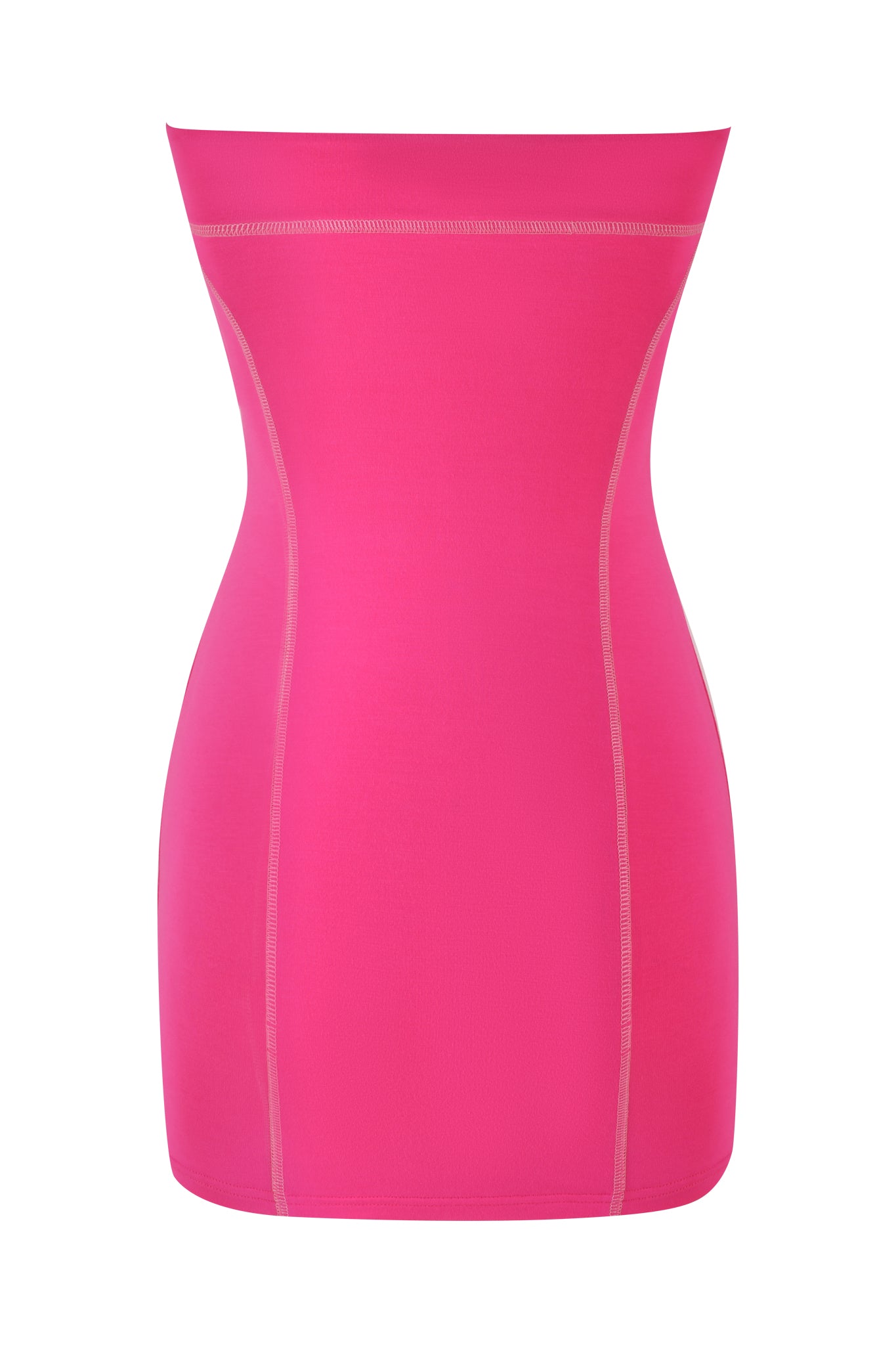 The BLARE TUBE MINI DRESS in hot pink by I.AM.GIA is a strapless mini dress featuring sporty princess seams along the sides and center, enhancing an hourglass silhouette with its smooth, form-fitting fabric.