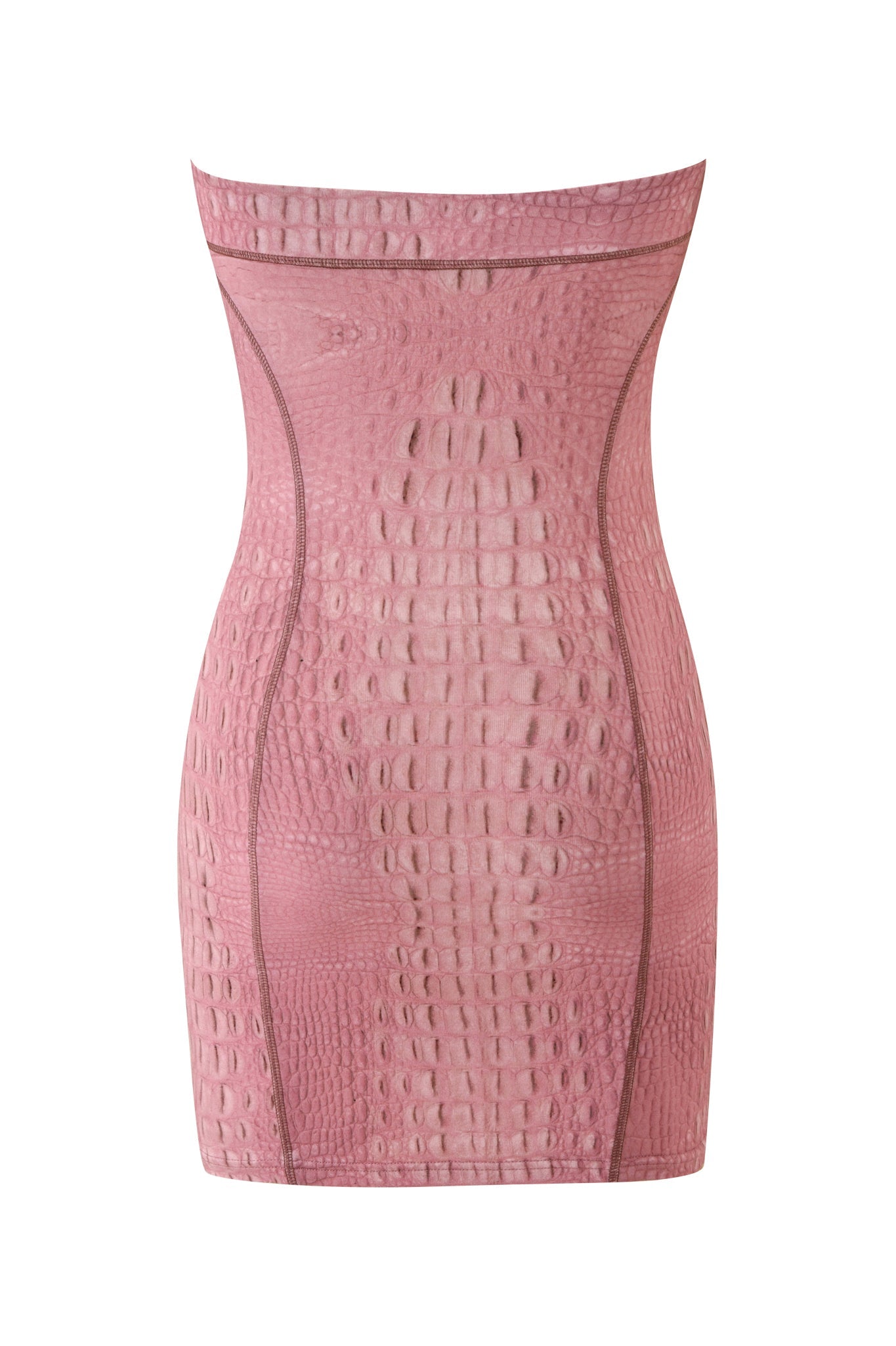The I.AM.GIA BLARE TUBE MINI DRESS - HOT CROC PINK is a strapless, form-fitting mini dress in a vibrant pink shade featuring an all-over crocodile skin texture and pattern, showcased against a plain white background.