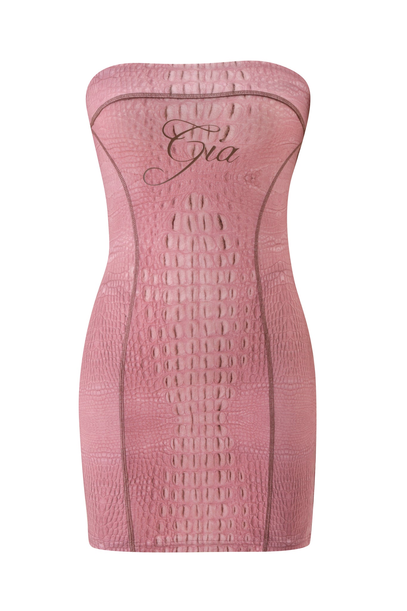Make a bold statement on your next night out with the BLARE TUBE MINI DRESS - HOT CROC PINK by I.AM.GIA, a strapless mini dress featuring a chic crocodile skin pattern and the word “Gia” scripted across the chest.