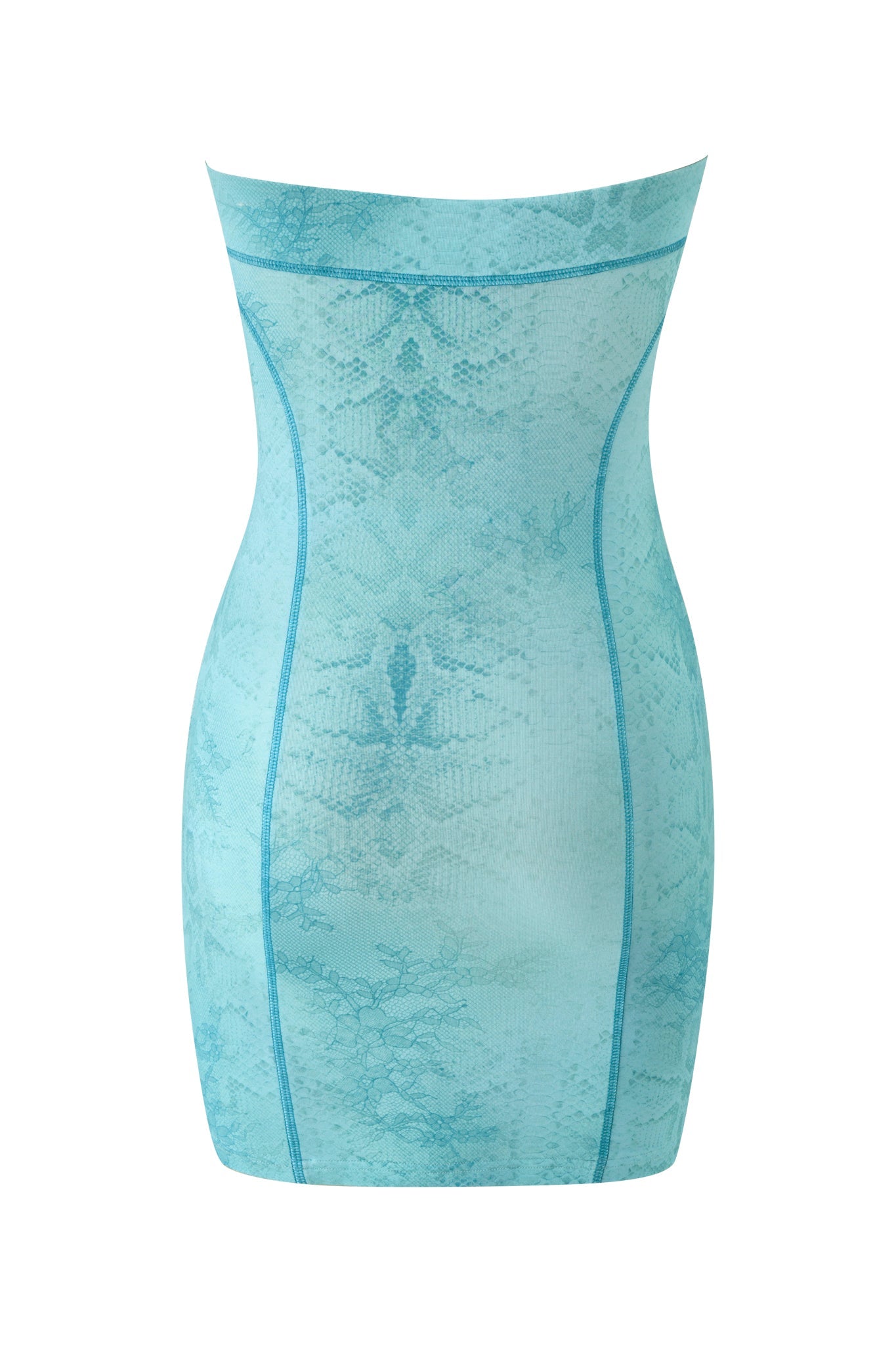 The I.AM.GIA BLARE TUBE MINI DRESS in teal serpentine features a subtle snakeskin pattern, sporty princess seams, and a strapless straight neckline, shown against a white background.