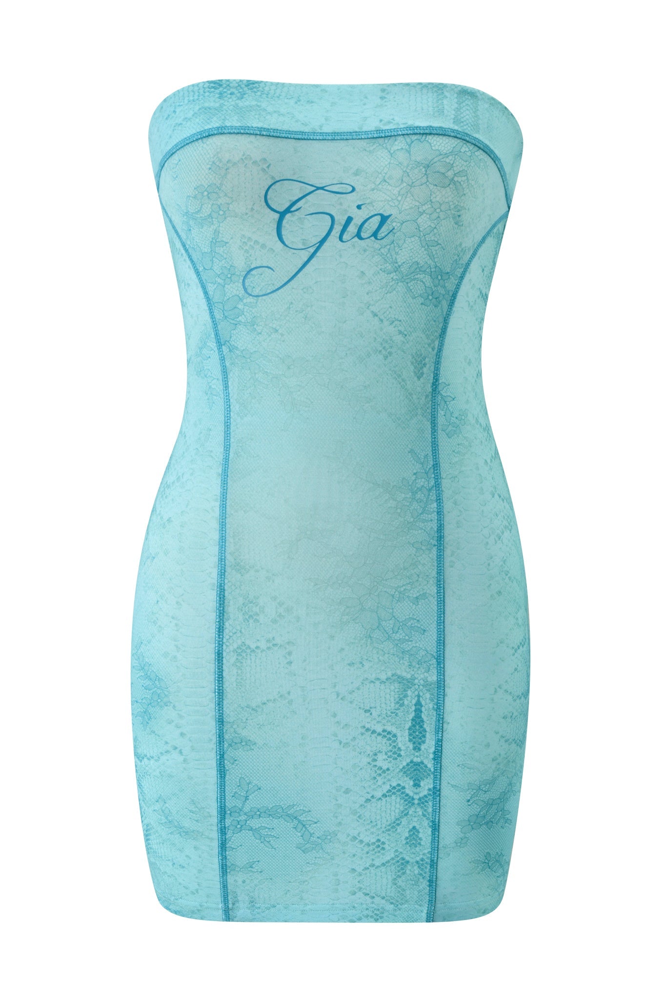 The BLARE TUBE MINI DRESS - TEAL SERPENTINE by I.AM.GIA is a strapless, form-fitting teal dress with sporty princess seams, shown on a white background.