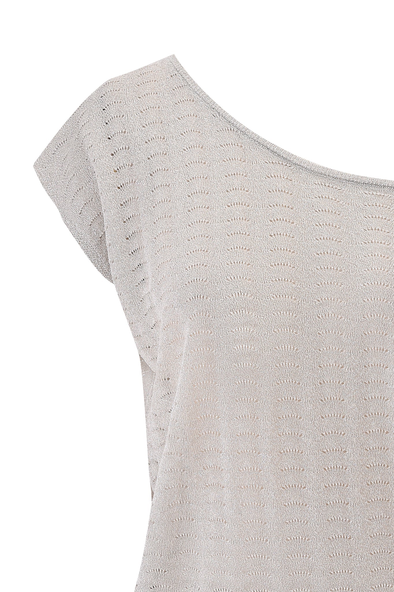Close-up of the I.AM.GIA XOLA MINI DRESS in silver, featuring a light beige knit, short sleeves, a subtle perforated pattern, wide round neckline, and lightweight semi-sheer fabric.