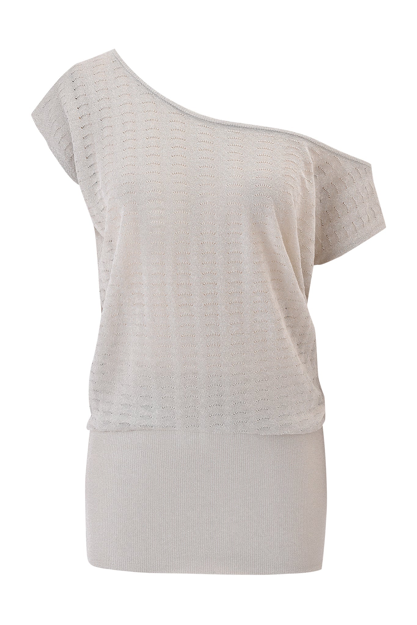 The I.AM.GIA XOLA MINI DRESS in silver features a light beige, short-sleeve, off-the-shoulder knit design with a textured perforated pattern and asymmetrical neckline, shown against a plain white background.