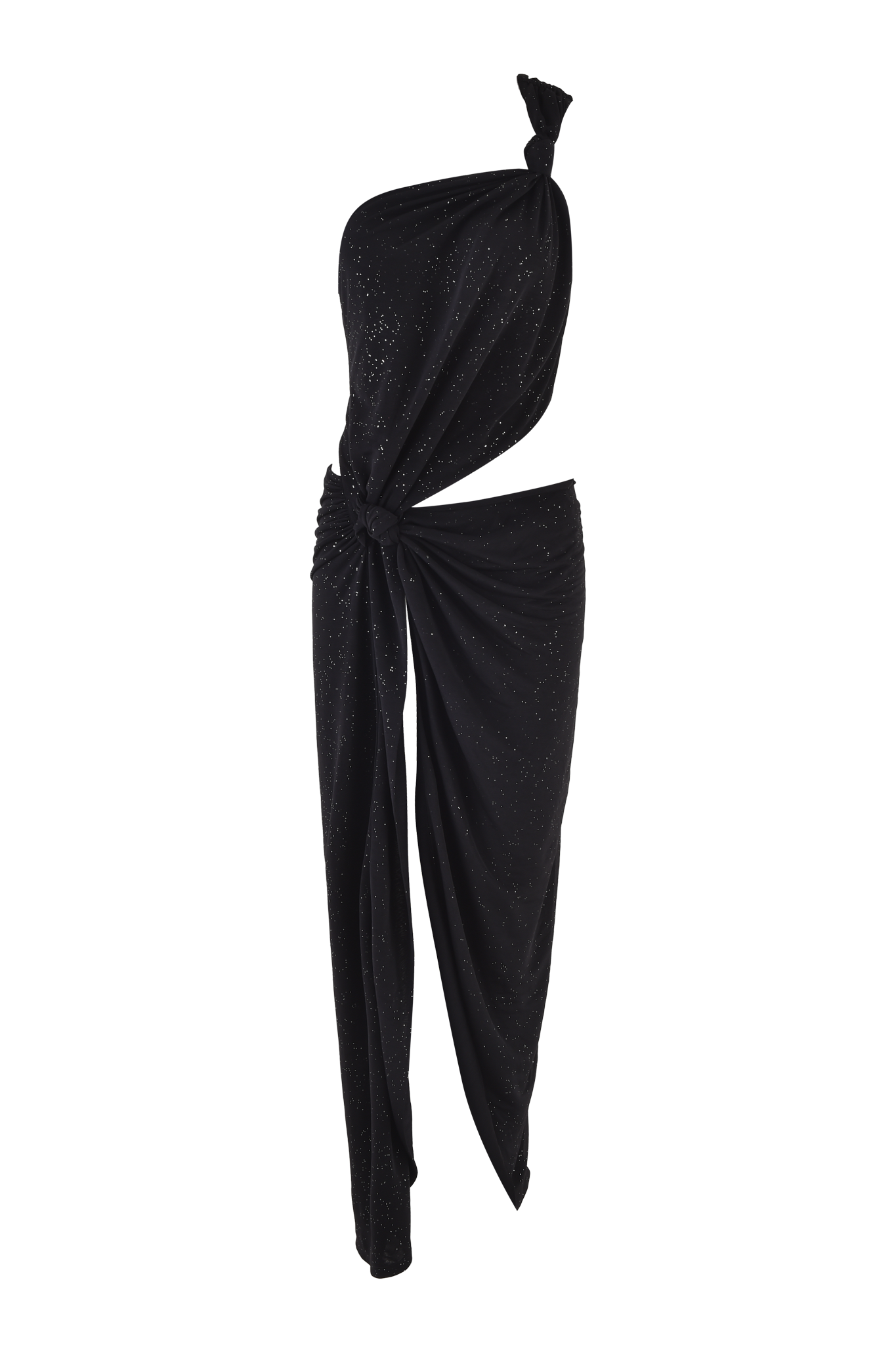 The ALIX MAXI DRESS by I.AM.GIA is a black asymmetrical maxi with a shoulder knot and gathered waist knot, creating a flowing, subtly sparkled skirt.