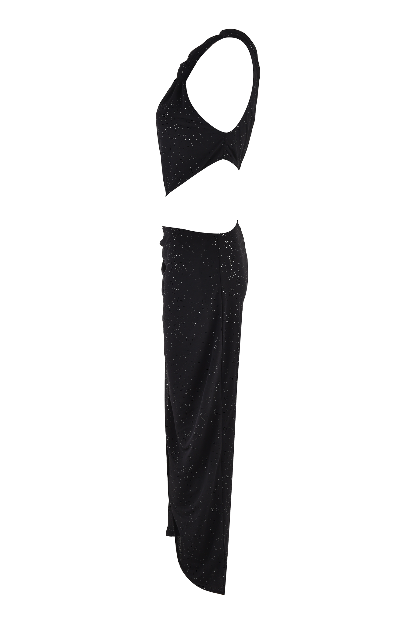The ALIX MAXI DRESS by I.AM.GIA is a black two-piece set with a one-shoulder crop top and high-waisted maxi skirt, both adorned with silver sparkles for an elegant, shimmering look.