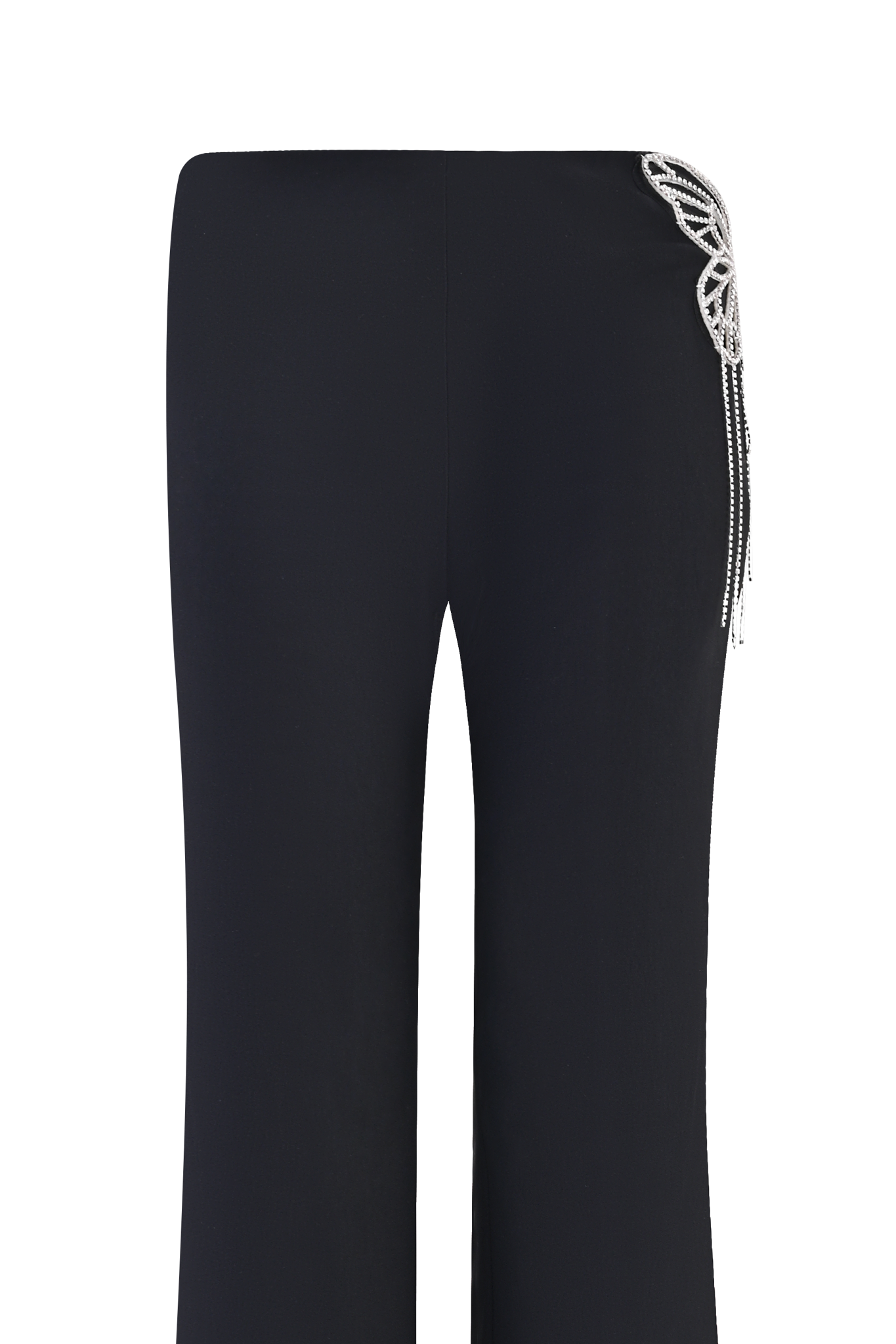 The SORREL PANT - BLACK by I.AM.GIA is a high-waisted, black flared pant featuring a crystallised butterfly applique with hanging strands on the right hip. The image has a plain background and is cropped at the waist and ankles.