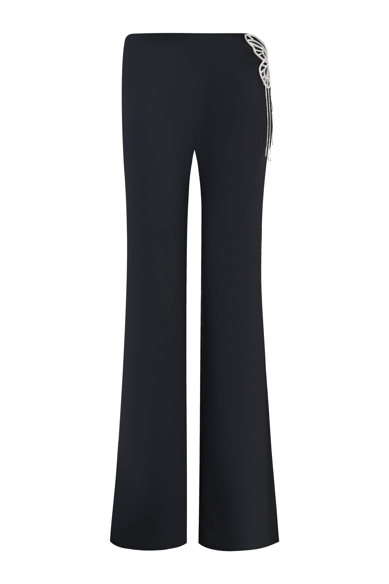 The SORREL PANT - BLACK by I.AM.GIA features black flared legs, a high-waisted fit, and a stylish white rope detail tied at the right hip for an elevated look.