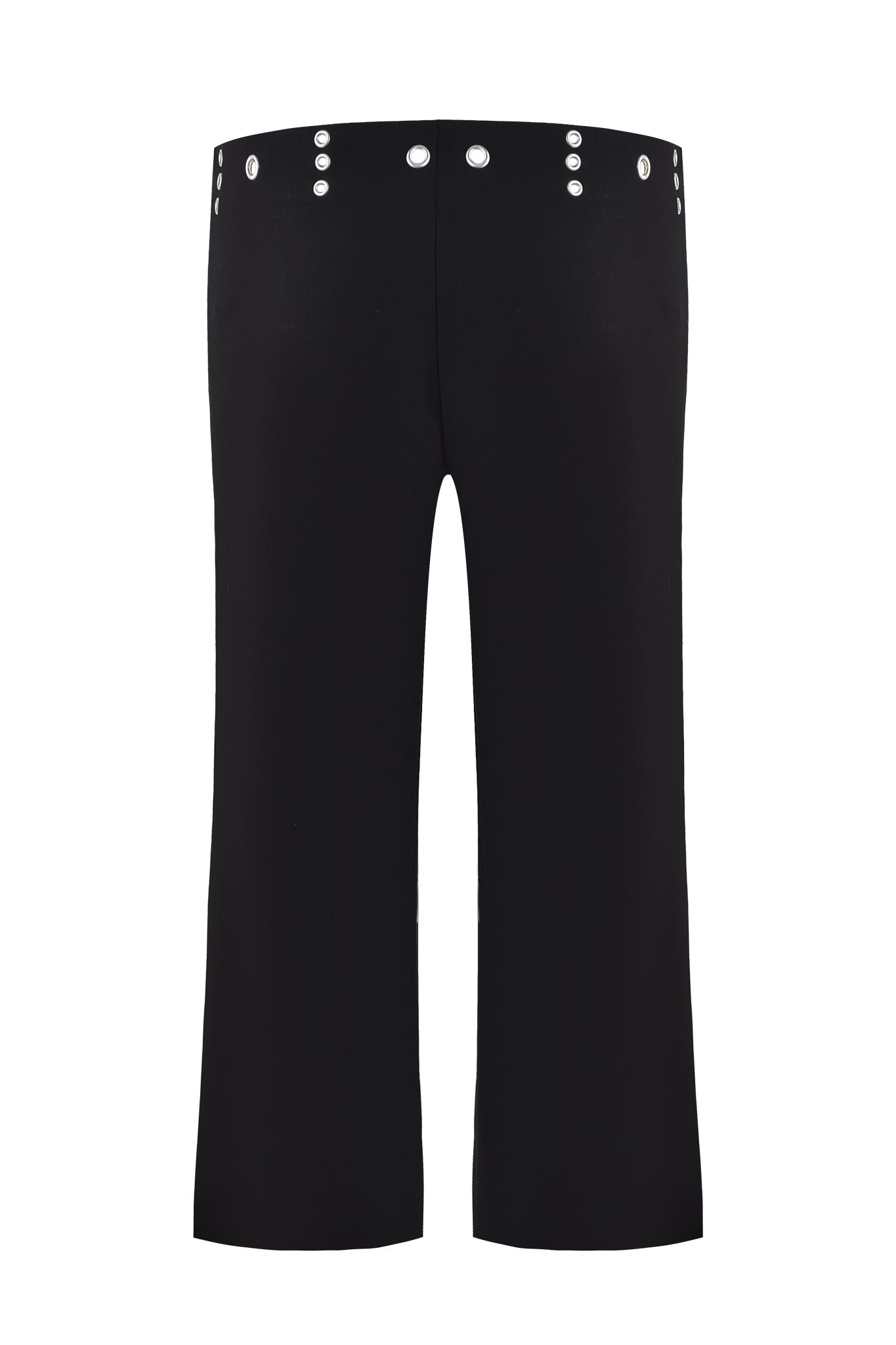 Back view of the SHARAH CAPRI - BLACK pants by I.AM.GIA, featuring a wide-leg silhouette, silver button details on the low-rise waistband and sides, and crafted from mid-stretch fabric. Shown against a plain white background.